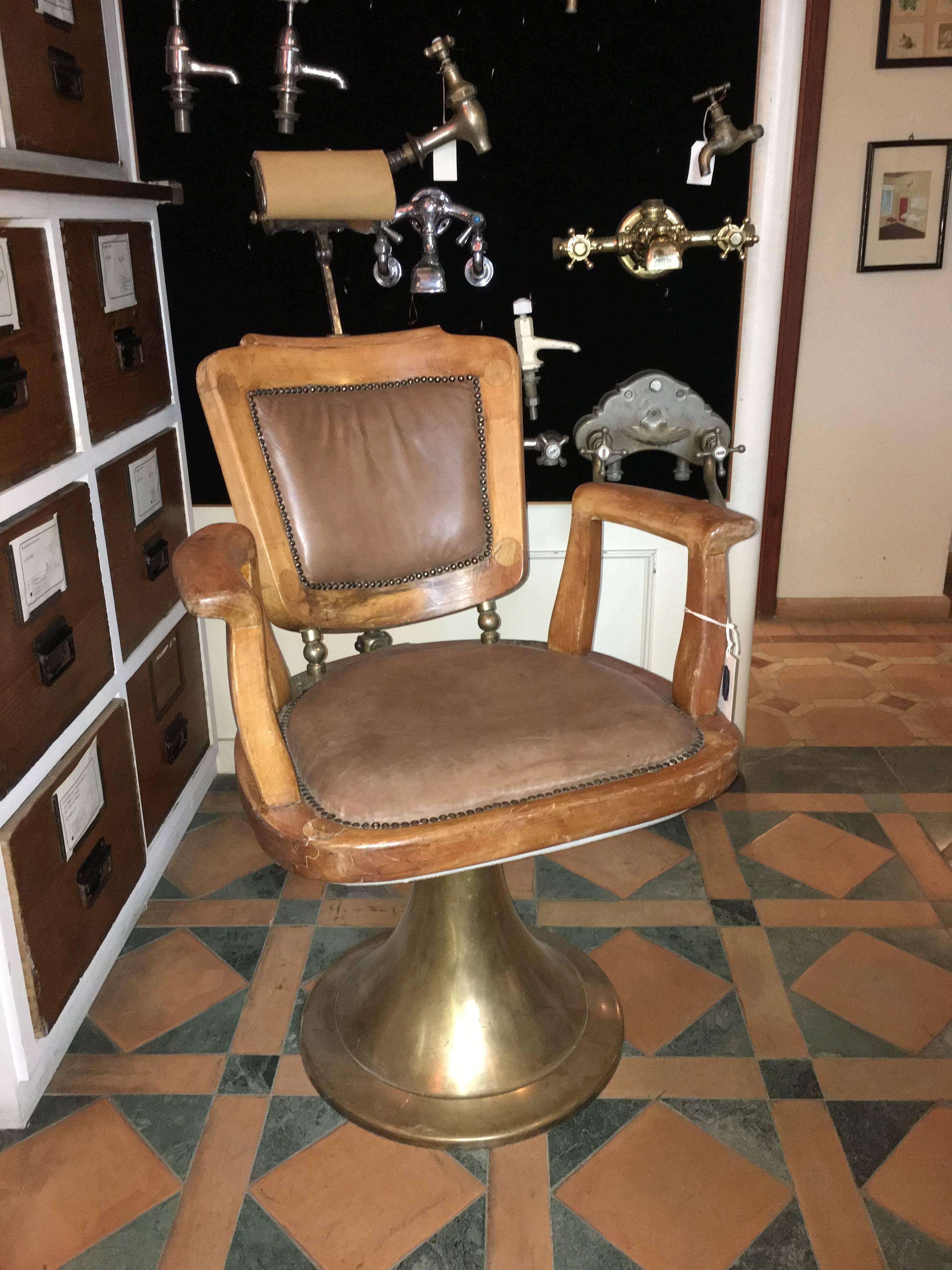 Mid-Century Modern French Oakwood and Leather Barber Chair with Brass Base from 1940s