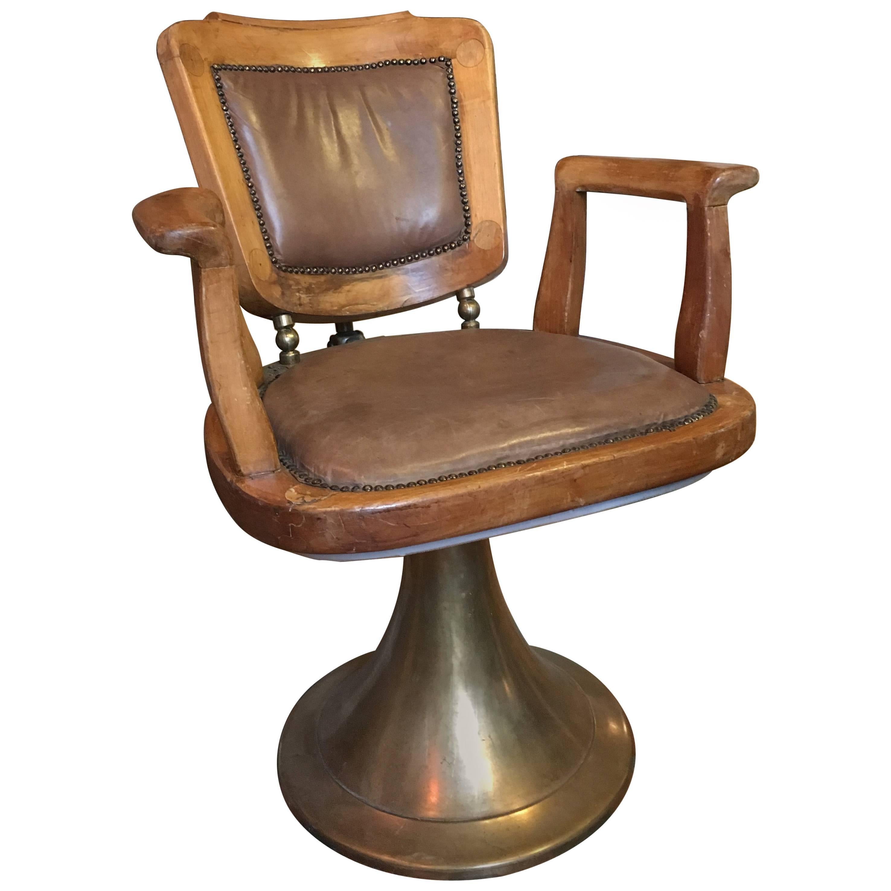 French Oakwood and Leather Barber Chair with Brass Base from 1940s