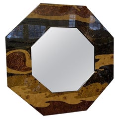 Miroir mural octogonal français en laque de ronce des années 1970 par Jean Claude Mahey