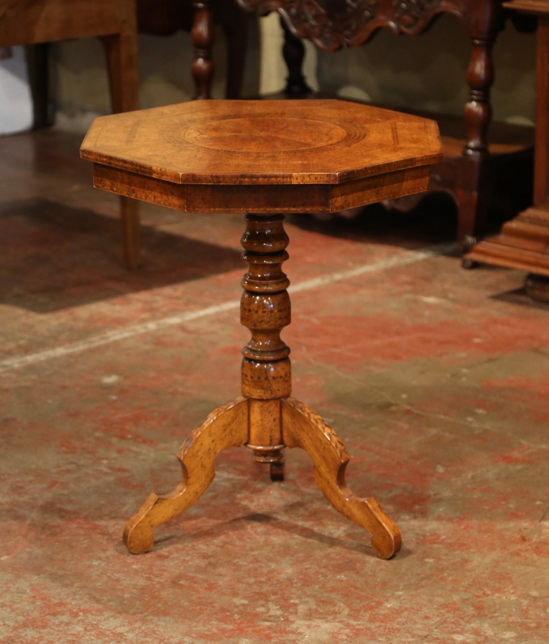 Contemporary French Octagonal Carved Walnut Pedestal Gueridon Table with Inlay Decor
