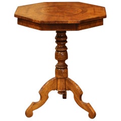 French Octagonal Carved Walnut Pedestal Gueridon Table with Inlay Decor