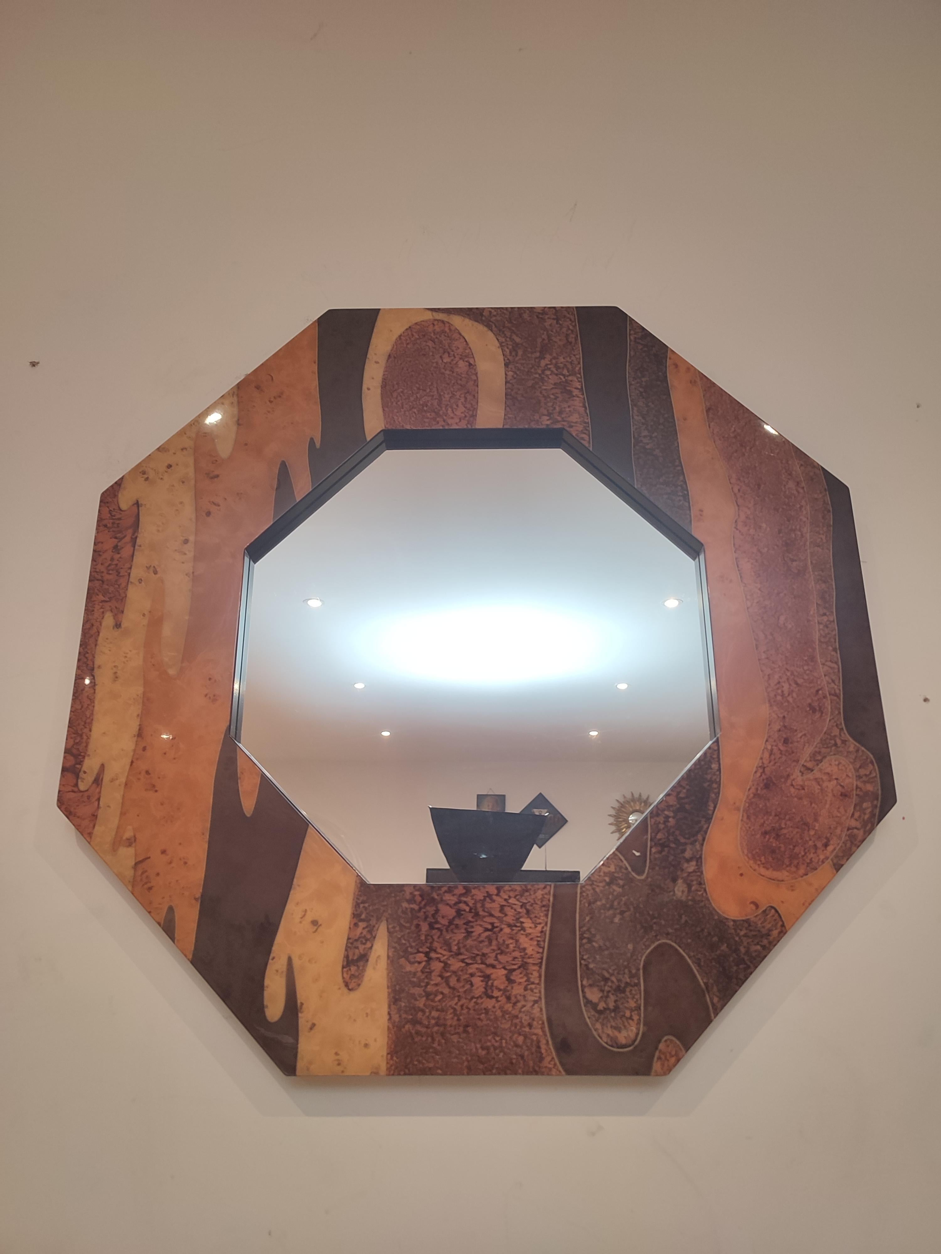 French octagonal lacquer mirror by Jean Claude Mahey, 1970s.