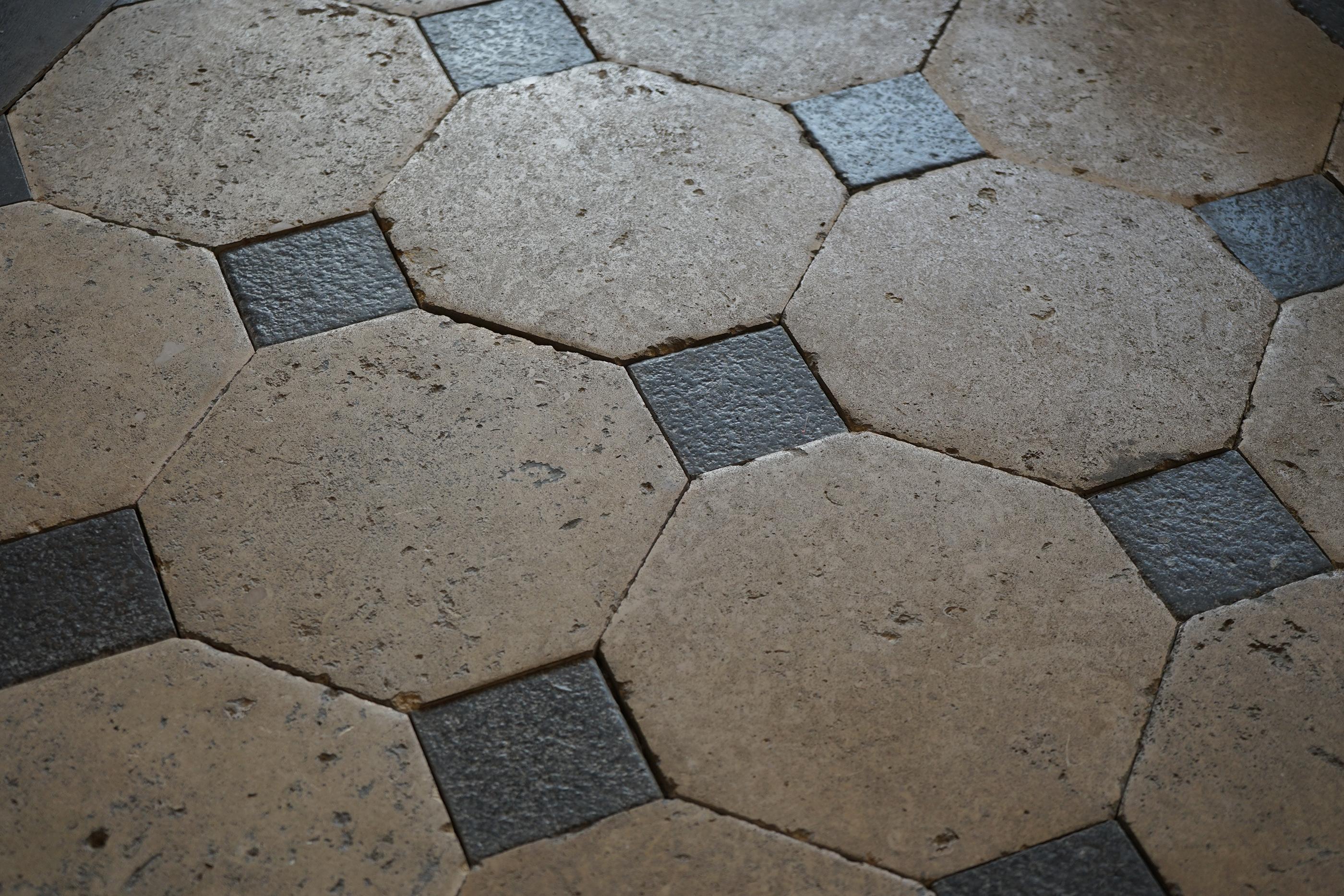 black and white limestone tiles