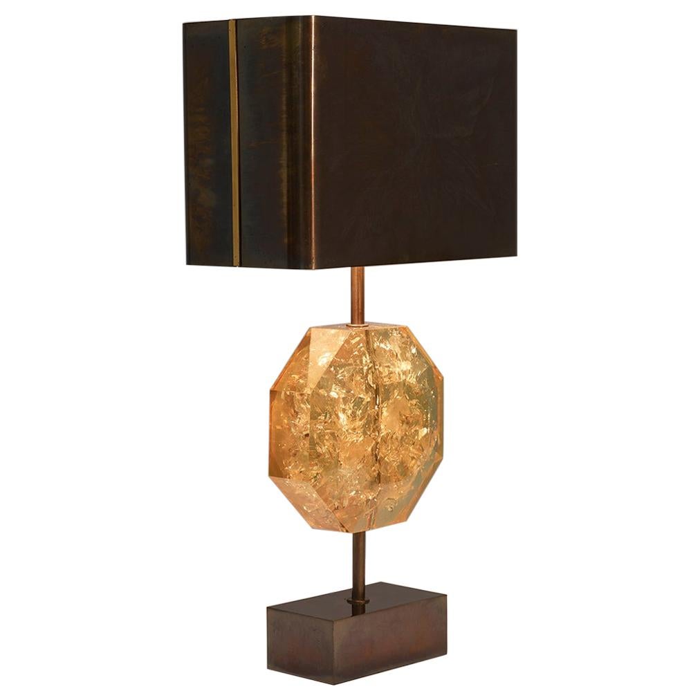 French "Octogonal" Table Lamp by Maison Charles 1970, Amber-Like Center Piece