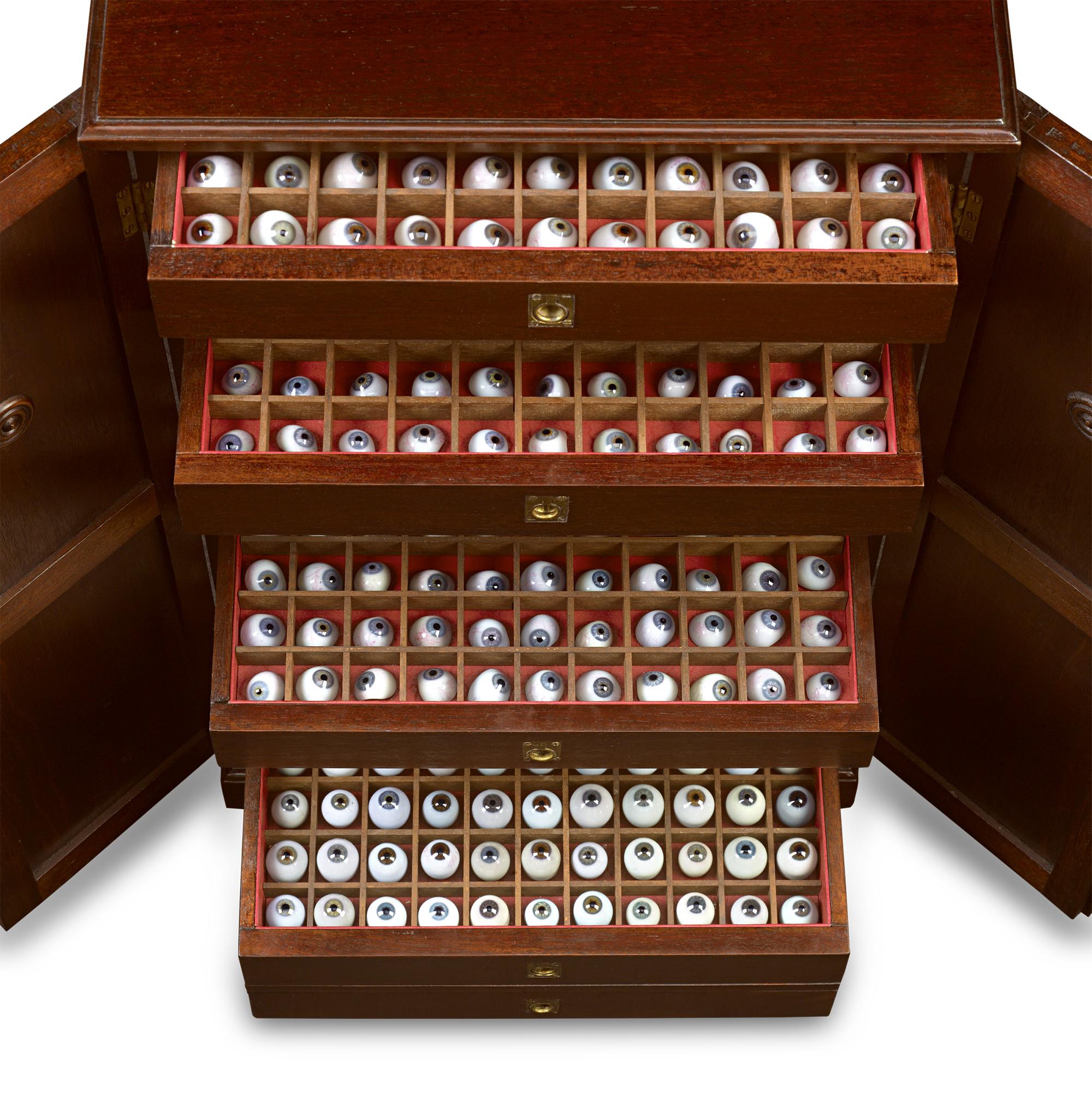 This 19th-century cabinet contains an assortment of almost 600 individual hand-blown glass eyes. A collection of this magnitude would have resided in the office of a prominent French ocularist, someone who specialized in crafting and fitting