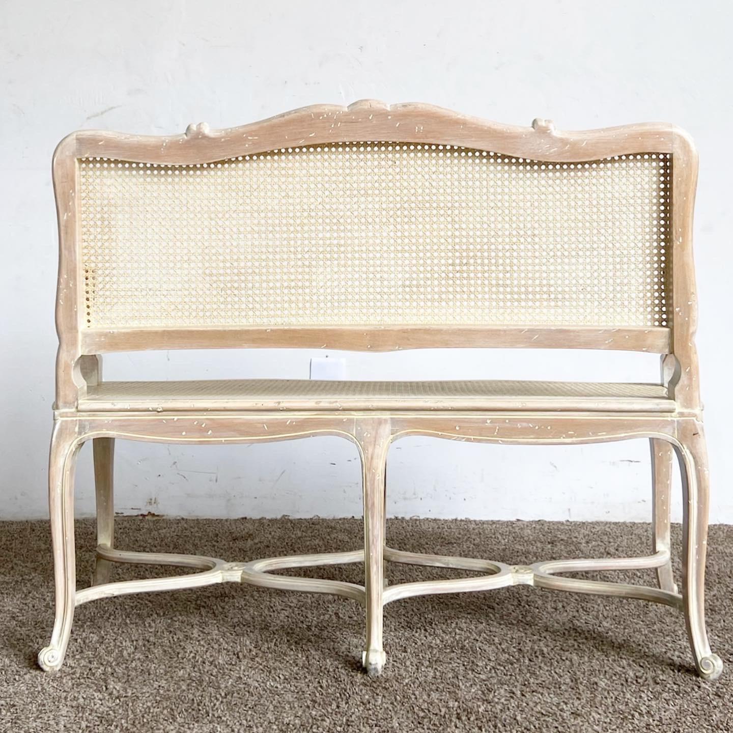 American French Off White Cane Back Bench/Settee