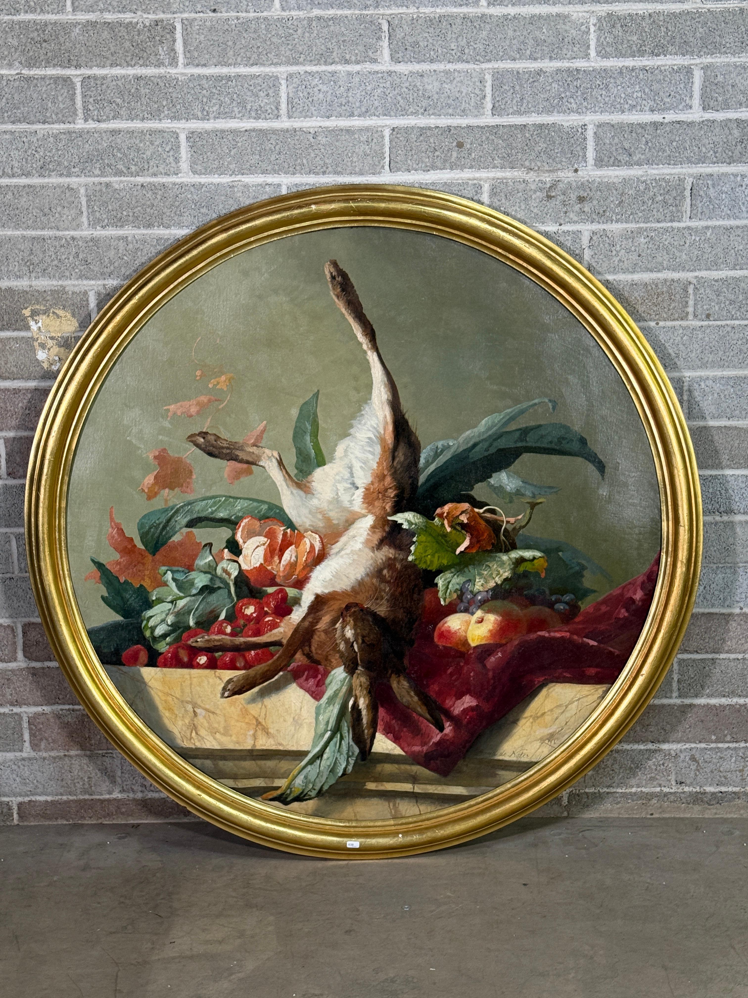 Oiled French Oil Canvas Still Life with Hare - David De Noter For Sale