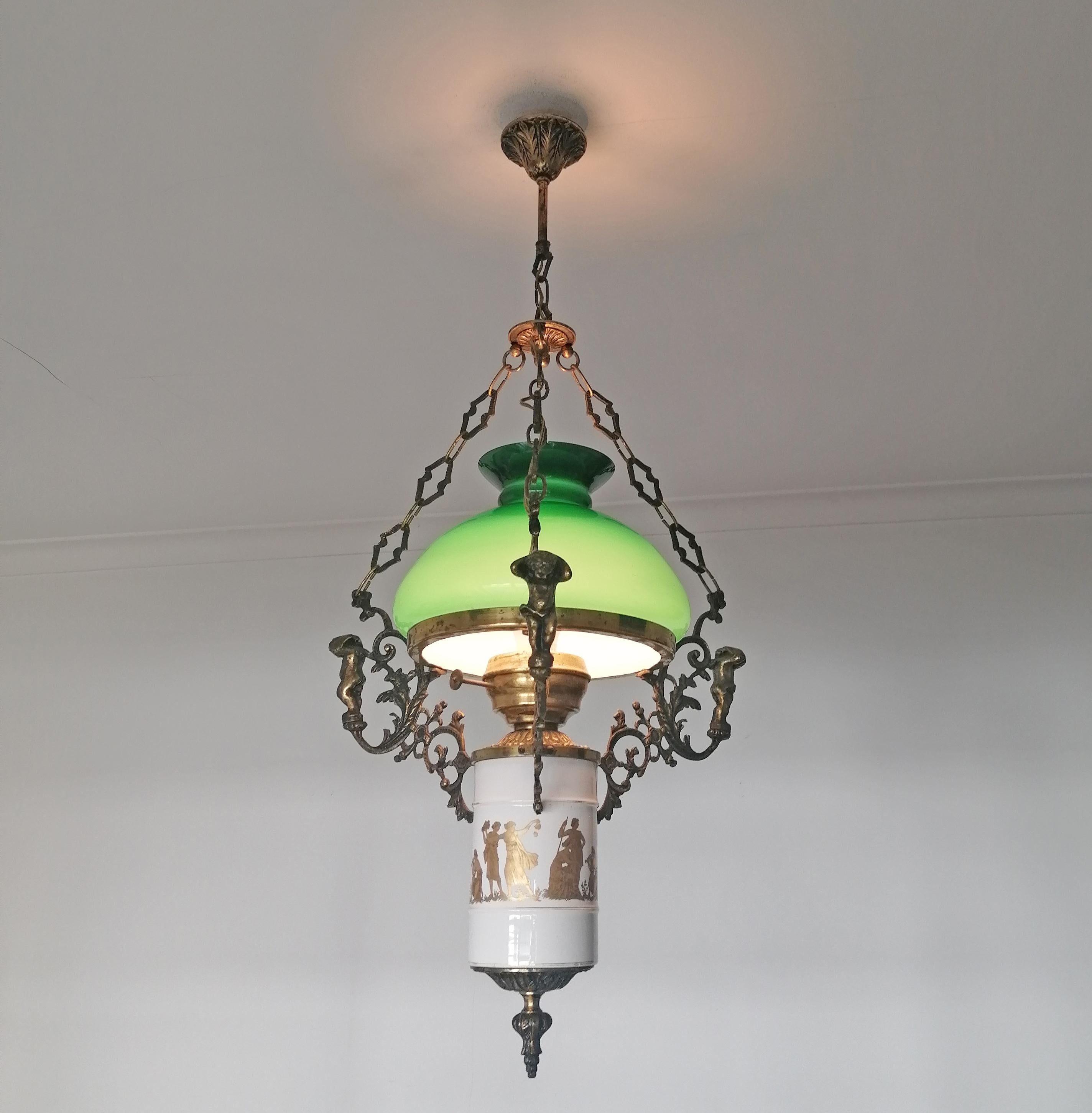 20th Century French Oil Lamp Chandelier in Gilt Bronze Green Opaline Shade & Porcelain c1930s For Sale