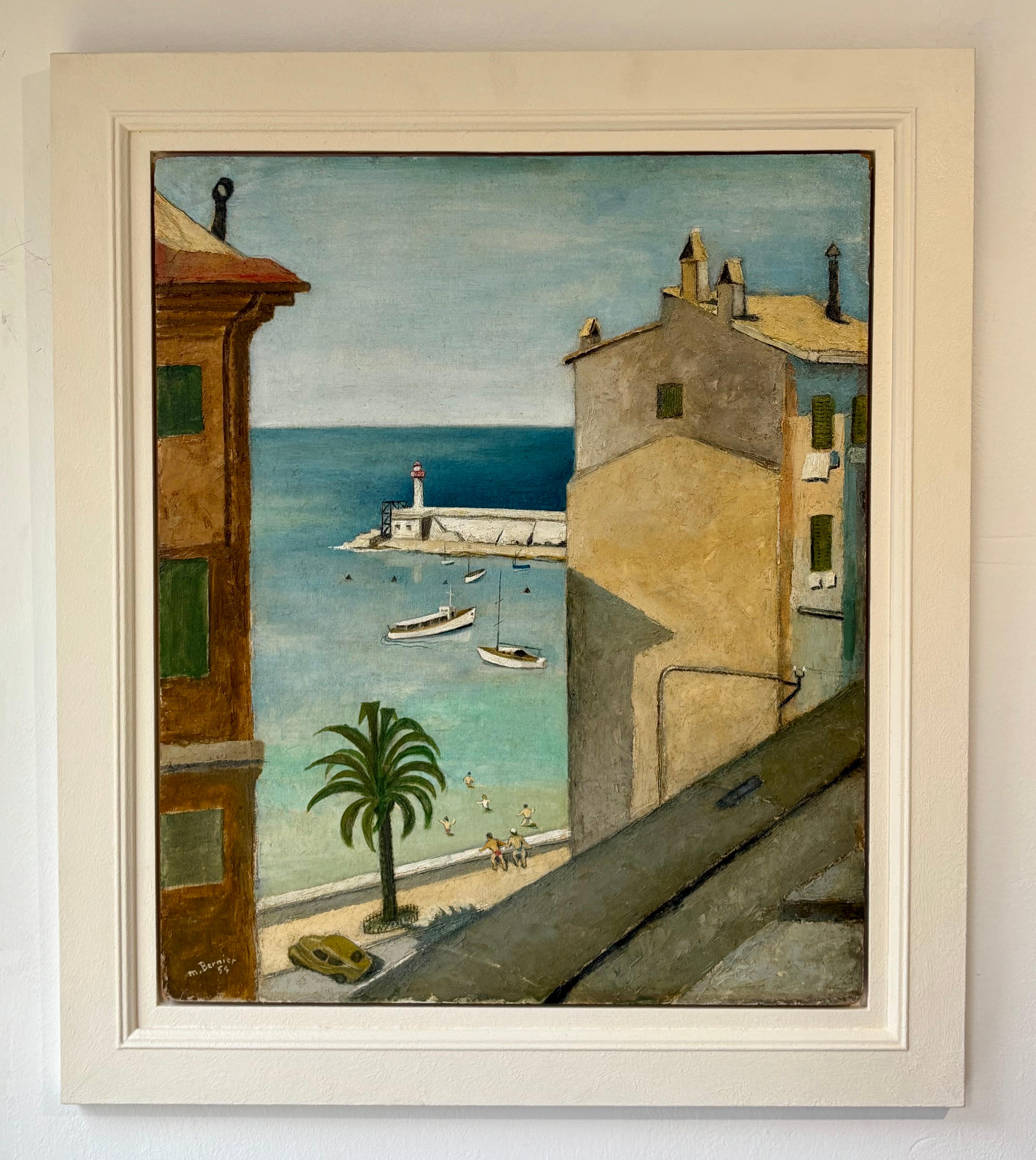 Une joyeuse œuvre d'art française du milieu du siècle dernier  signé et daté par M-One 1954 . Représentation du port de Cette,  Marseille . Le sujet renvoie à des temps plus doux, évoquant les tons doux et la nature détendue des stations balnéaires