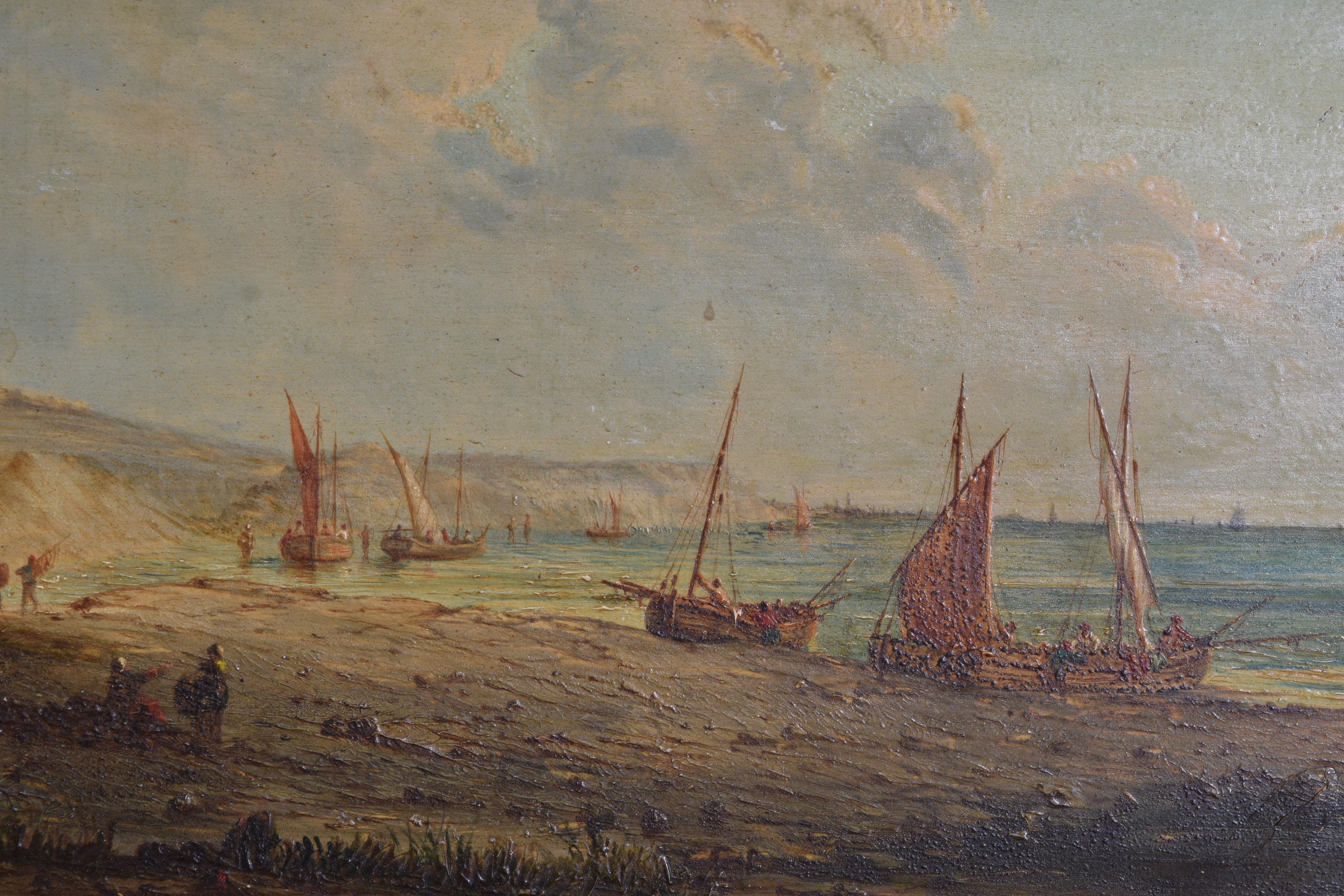 Paint French Oil on Board, “Fishing Boats and Fishermen Hauling in the Catch”, 20thc