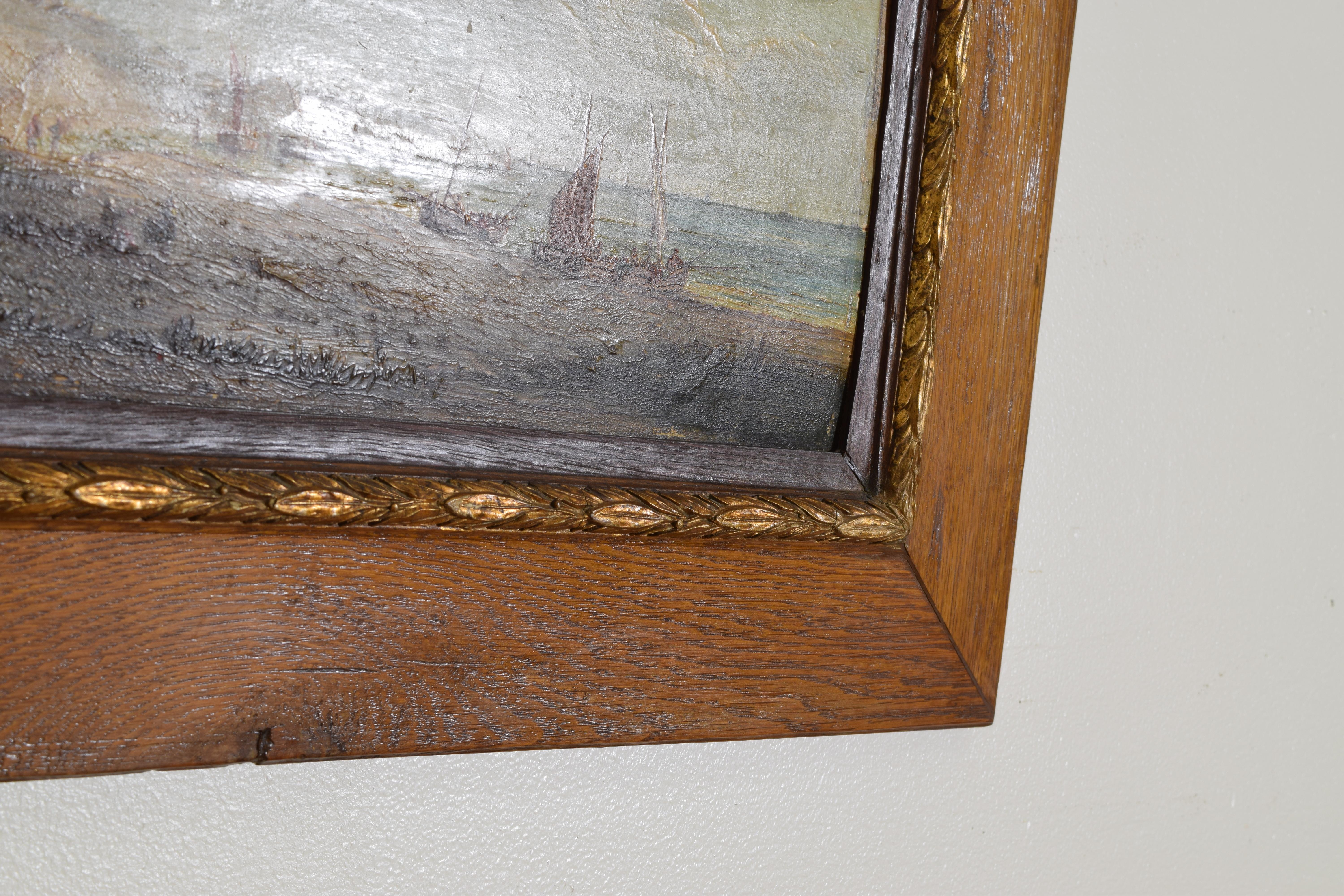 French Oil on Board, “Fishing Boats and Fishermen Hauling in the Catch”, 20thc 2