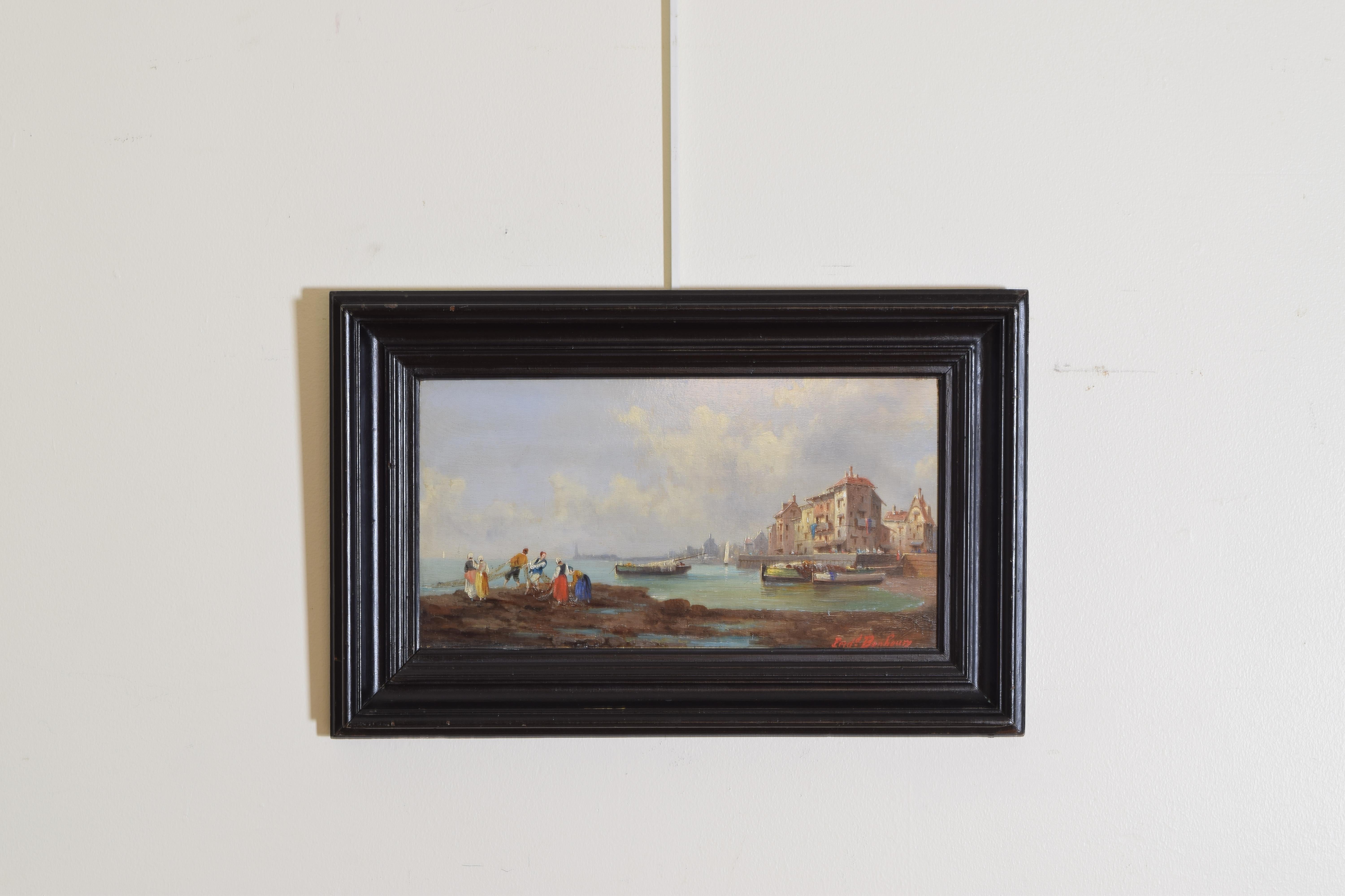 Depicting a port town with a group of fisher people pulling in nets in the foreground, signed Ferdinand Bonheur (1817-1887), in ebonized molded edge frame, 19th century.