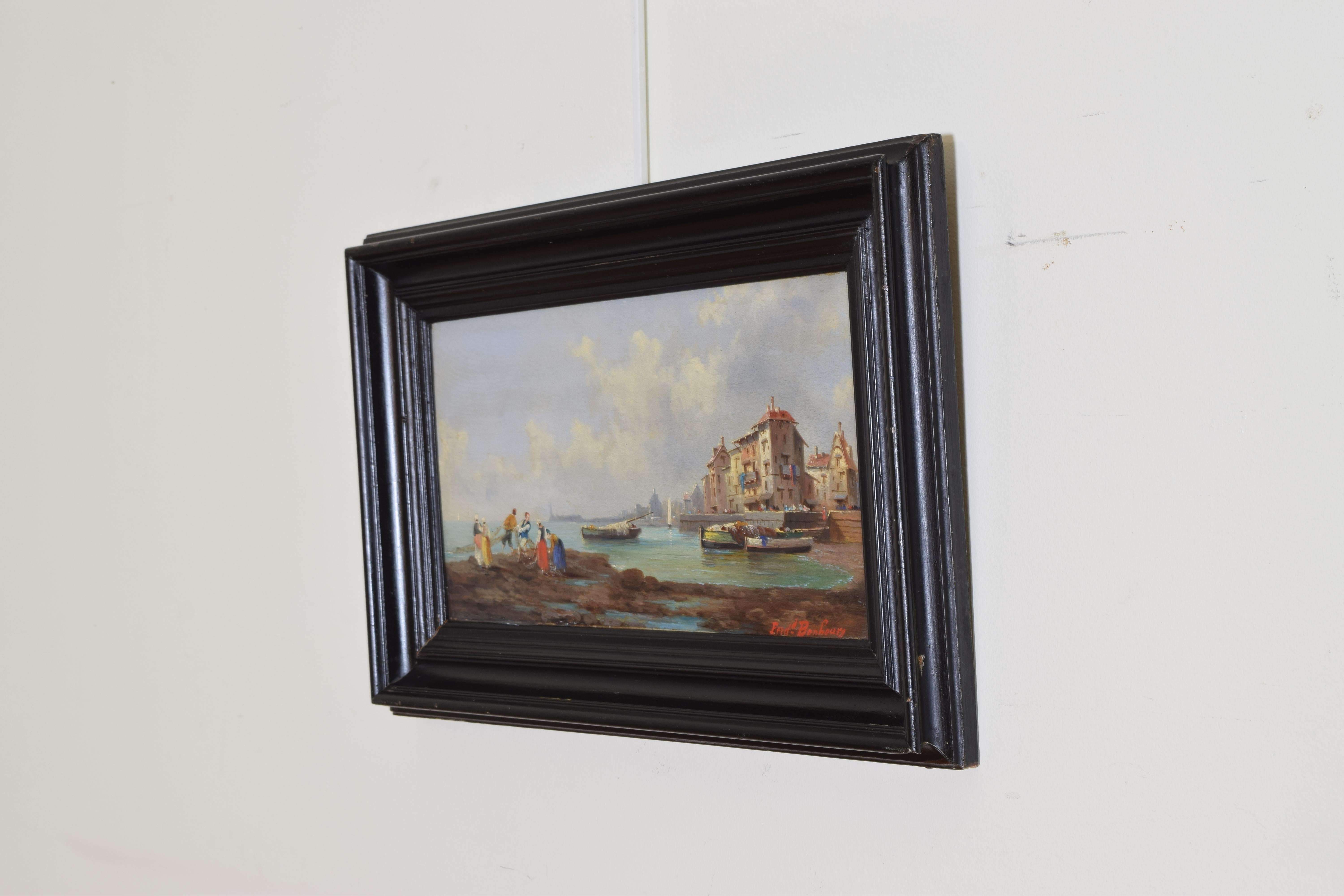 French Oil on Board, Harbor Scene with Fishermen, Signed Ferdinand Bonheur In Excellent Condition In Atlanta, GA