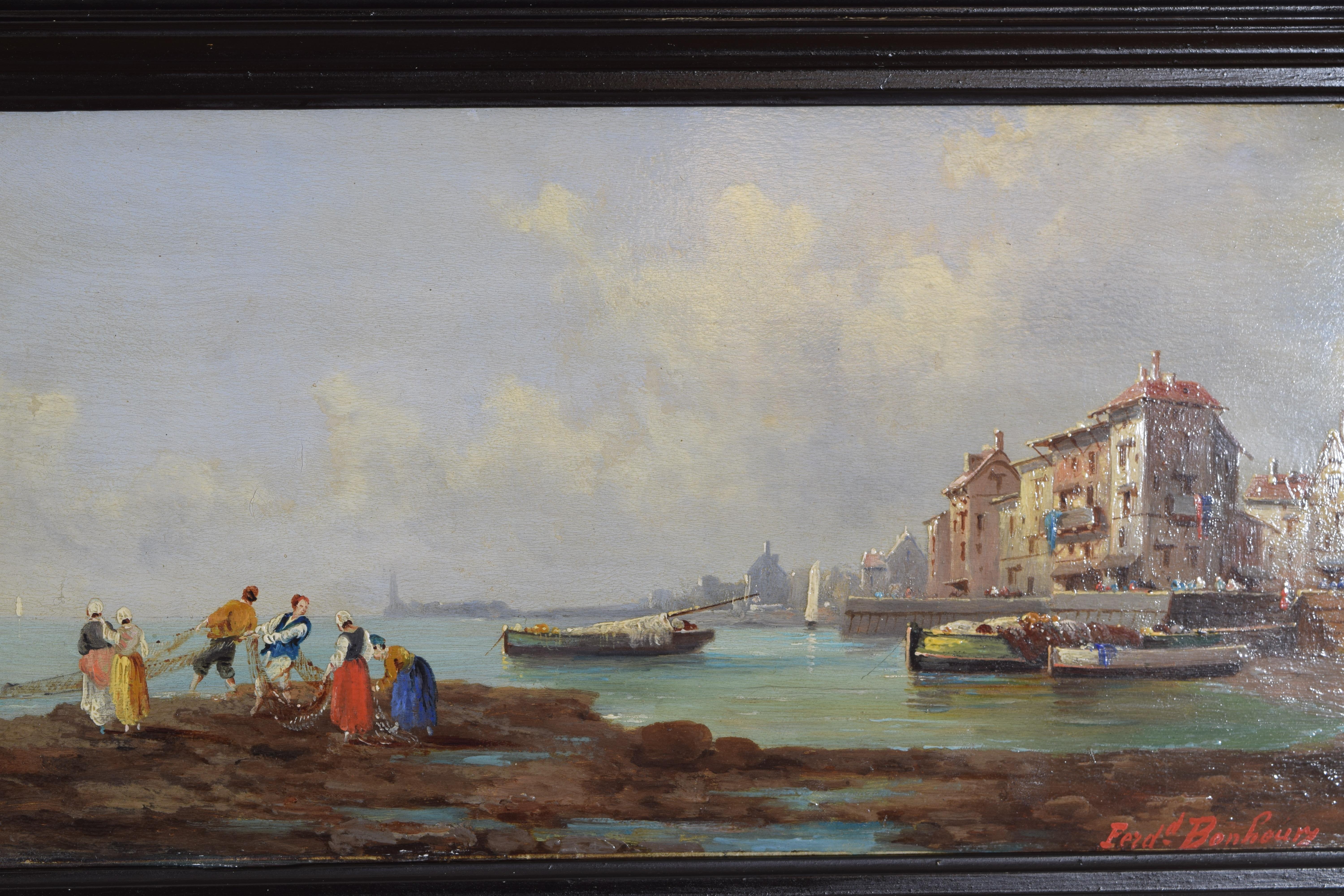 Paint French Oil on Board, Harbor Scene with Fishermen, Signed Ferdinand Bonheur