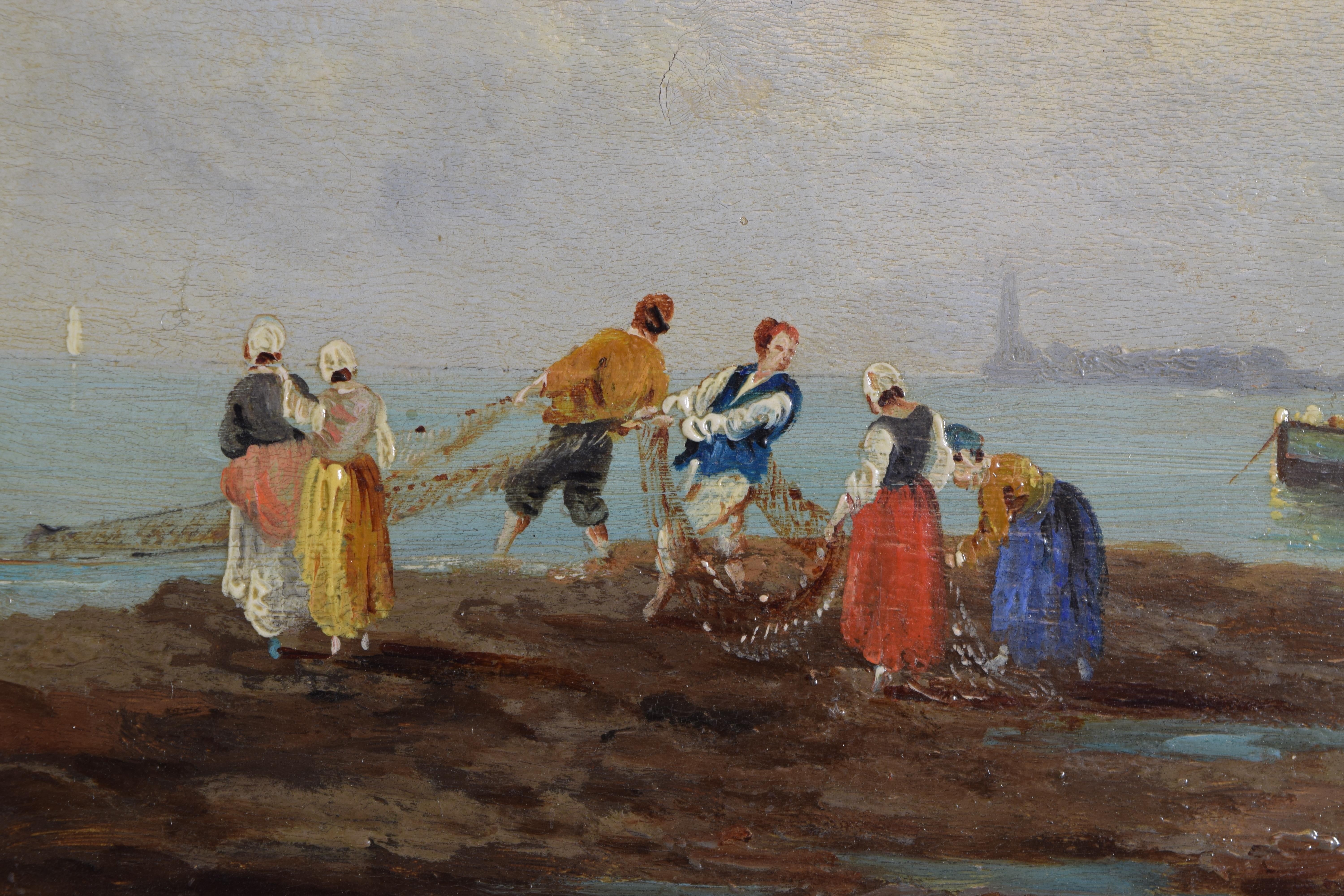 French Oil on Board, Harbor Scene with Fishermen, Signed Ferdinand Bonheur 1