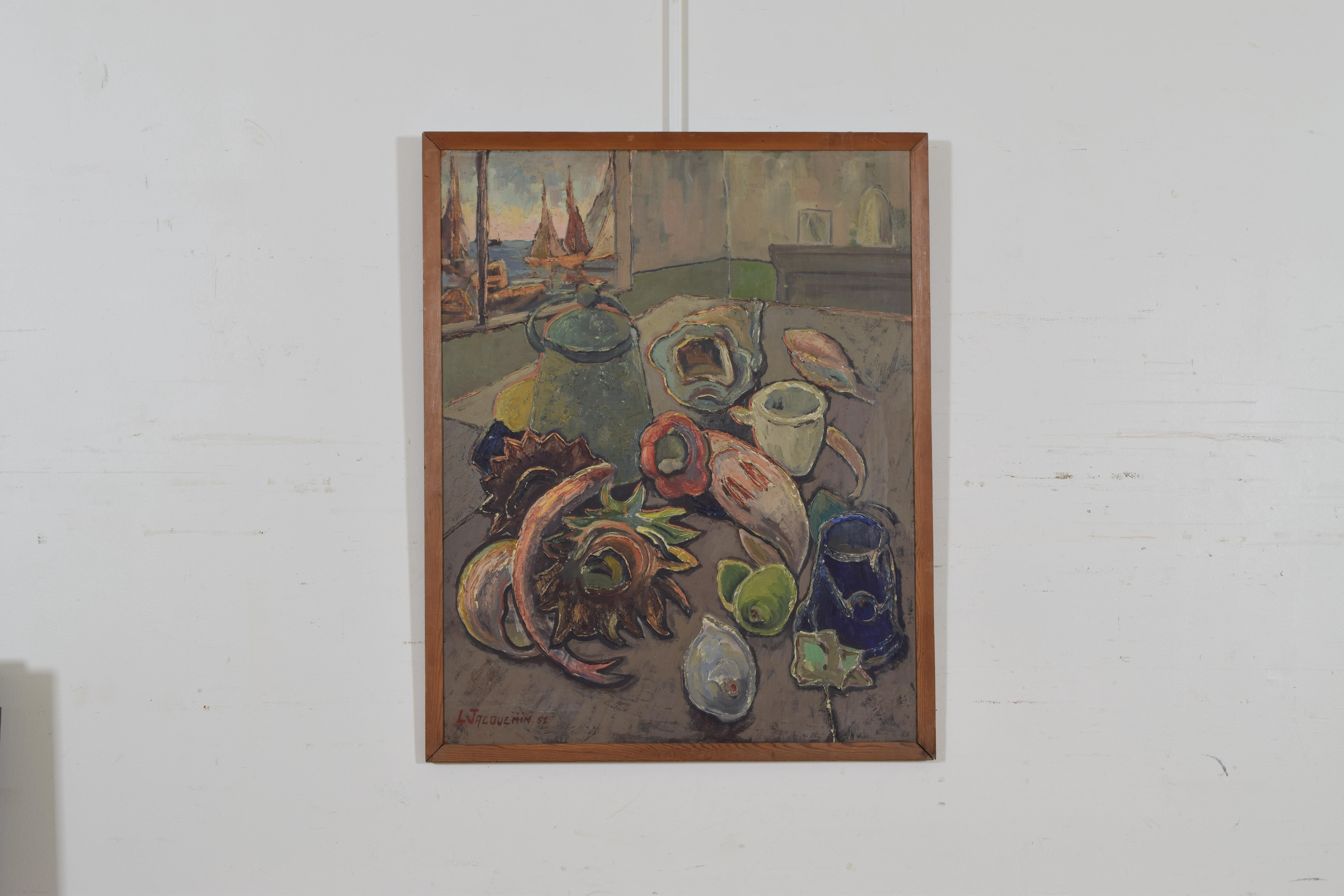 This lovely painting depicting a kitchen scene with typical accoutrement and the bounty of the sea, the hidden gem being the harbor outside the window, in simple wooden frame.