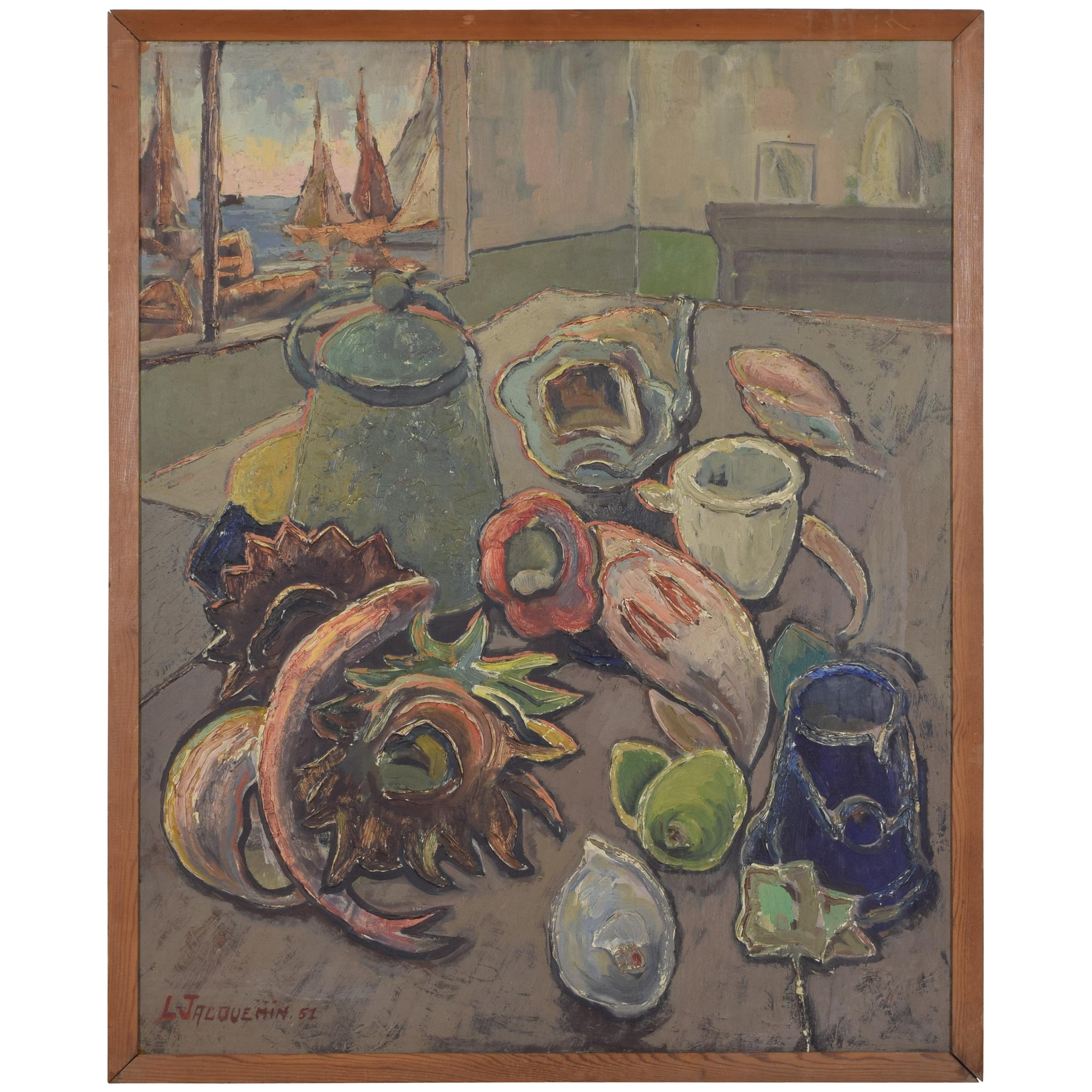 French Oil on Board, Kitchen Still Life with Harbor View, Signed and Dated 1951