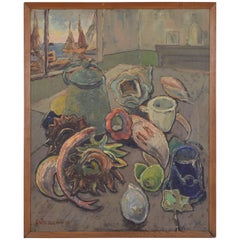 French Oil on Board, Kitchen Still Life with Harbor View, Signed and Dated 1951