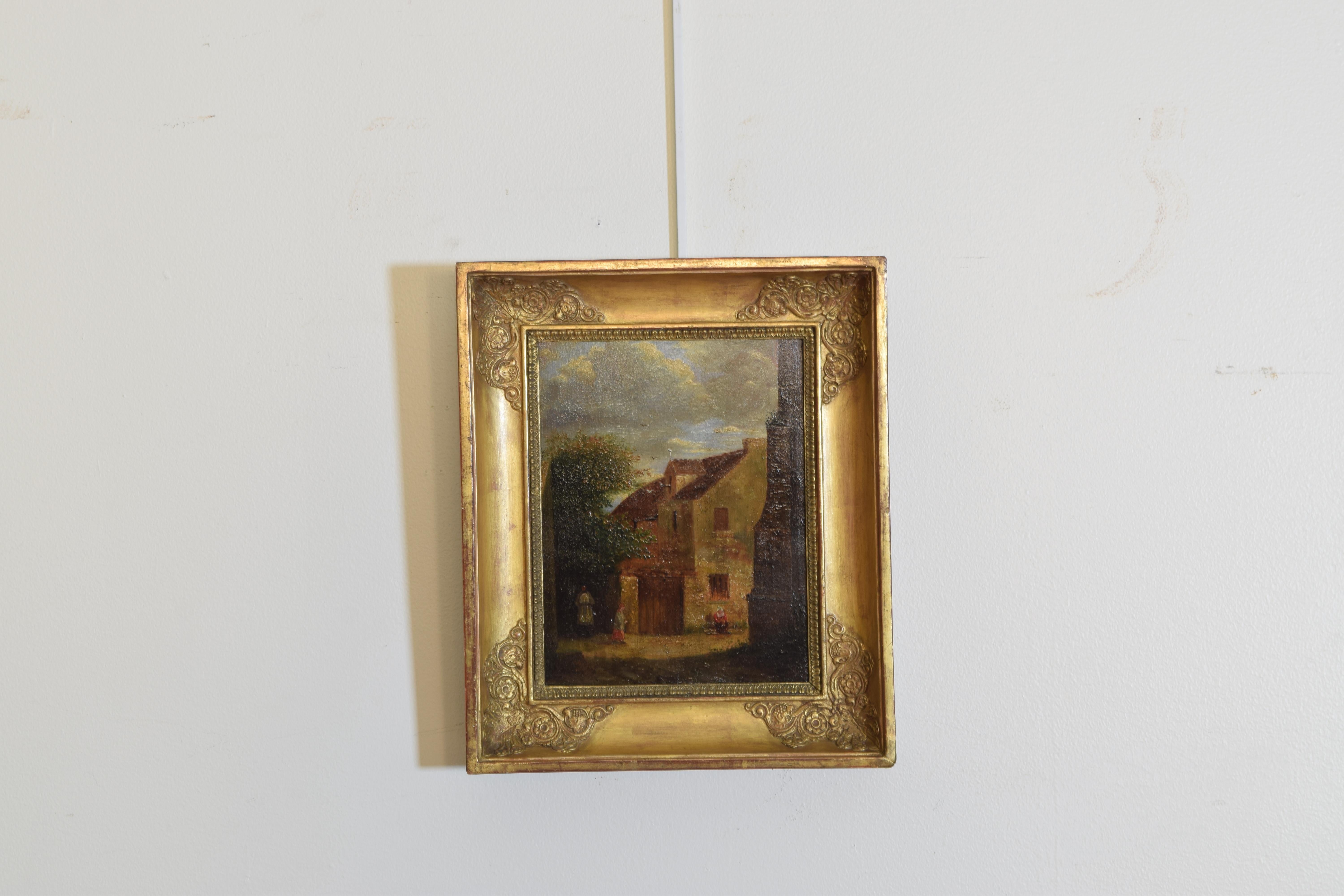 This painting depicts three figures in a what appears to be a small French village, a clergyman perhaps appearing from a rectory on the left side with a child before him, a lone woman sits on a bench in the middle-ground, in a period giltwood and