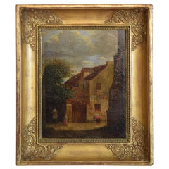 French Oil on Board, "Village Genre Scene", Second Quarter of the 19th Century