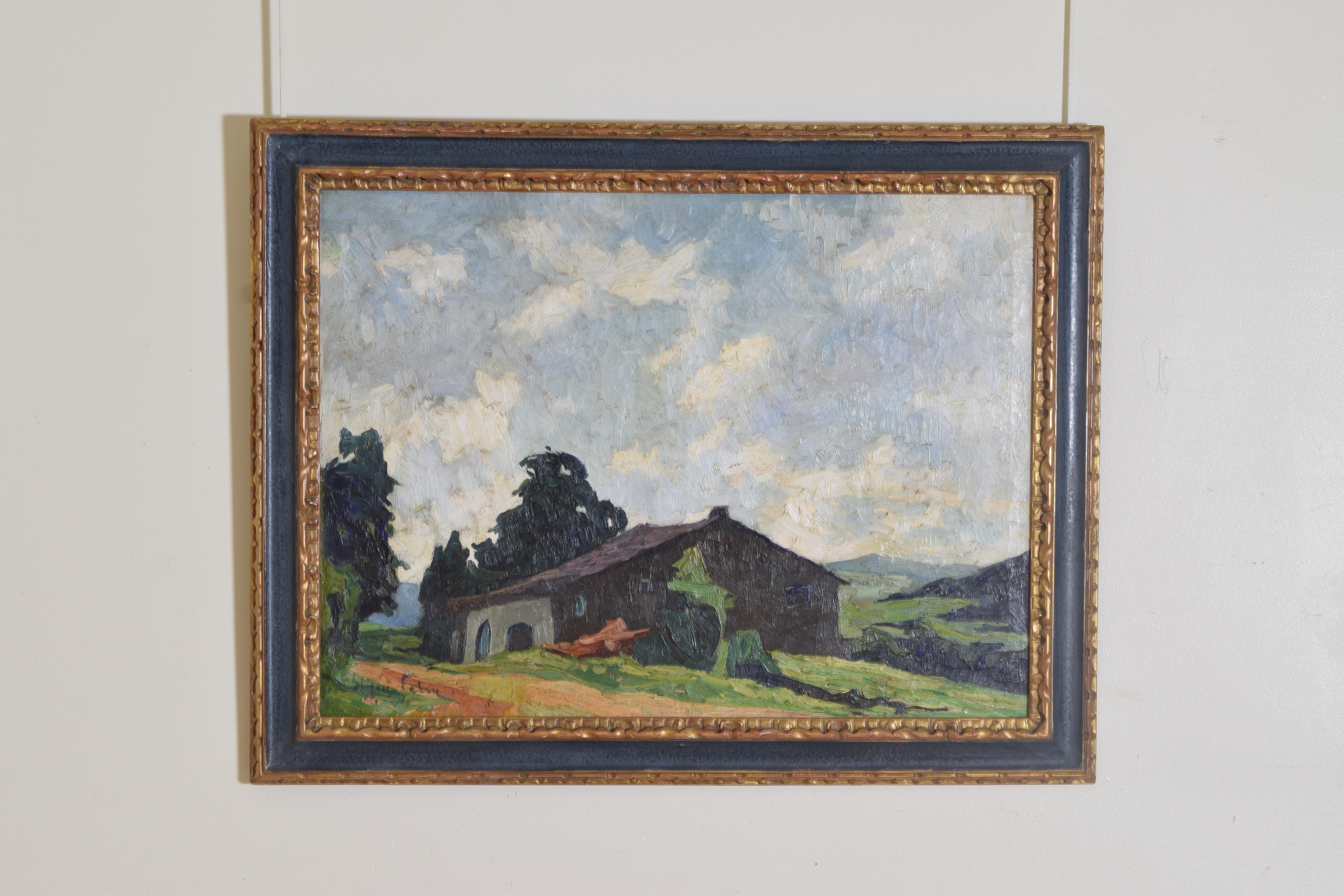 The oil on canvas depicting a farmhouse in an alpine meadow with mountains in the distance and pasture in the foreground, beautifully painted with a vast cloudy sky, retaining original giltwood and blue painted frame