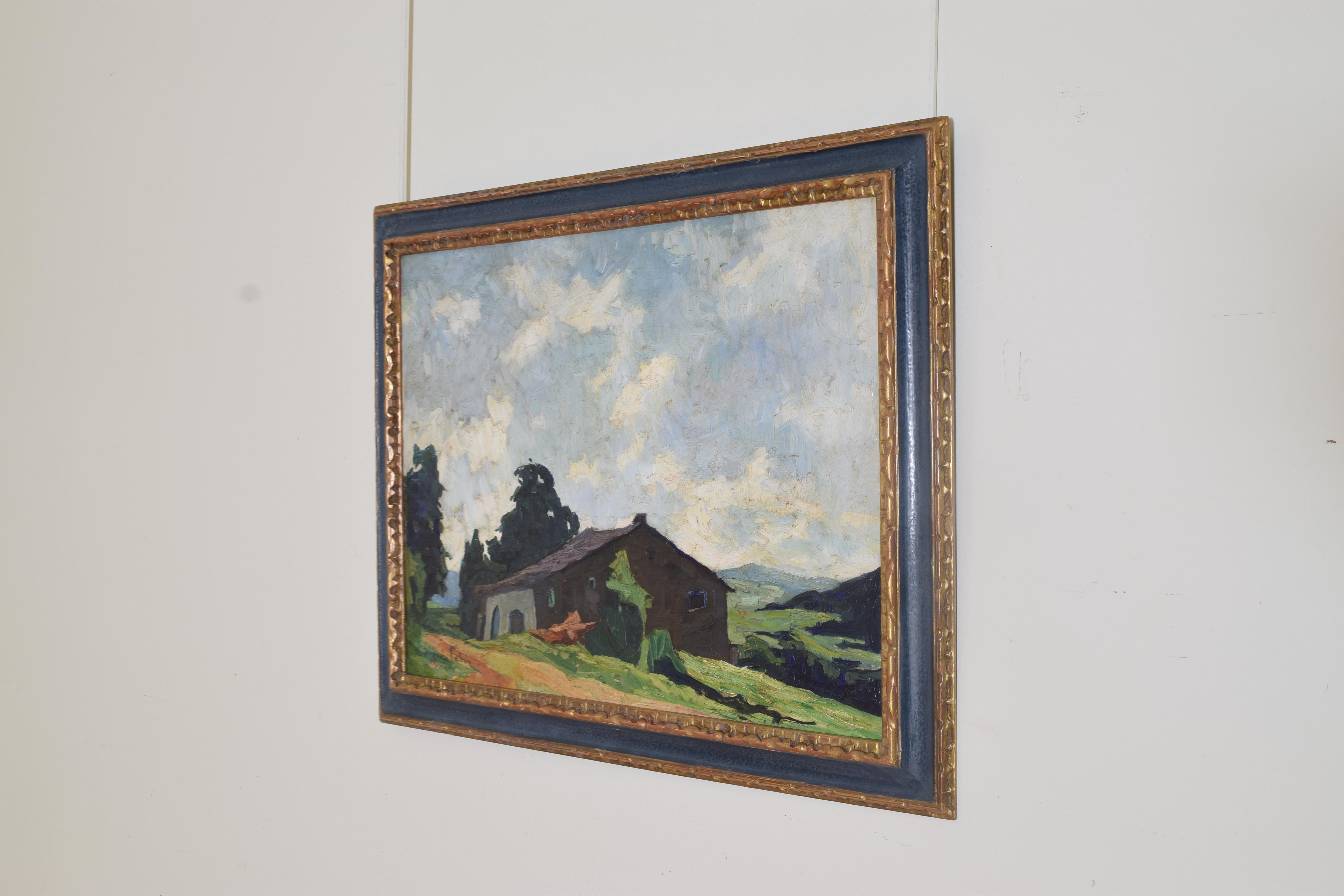 French Oil on Canvas, Alpine Farmhouse, signed, period frame, ca. 1925 In Good Condition For Sale In Atlanta, GA