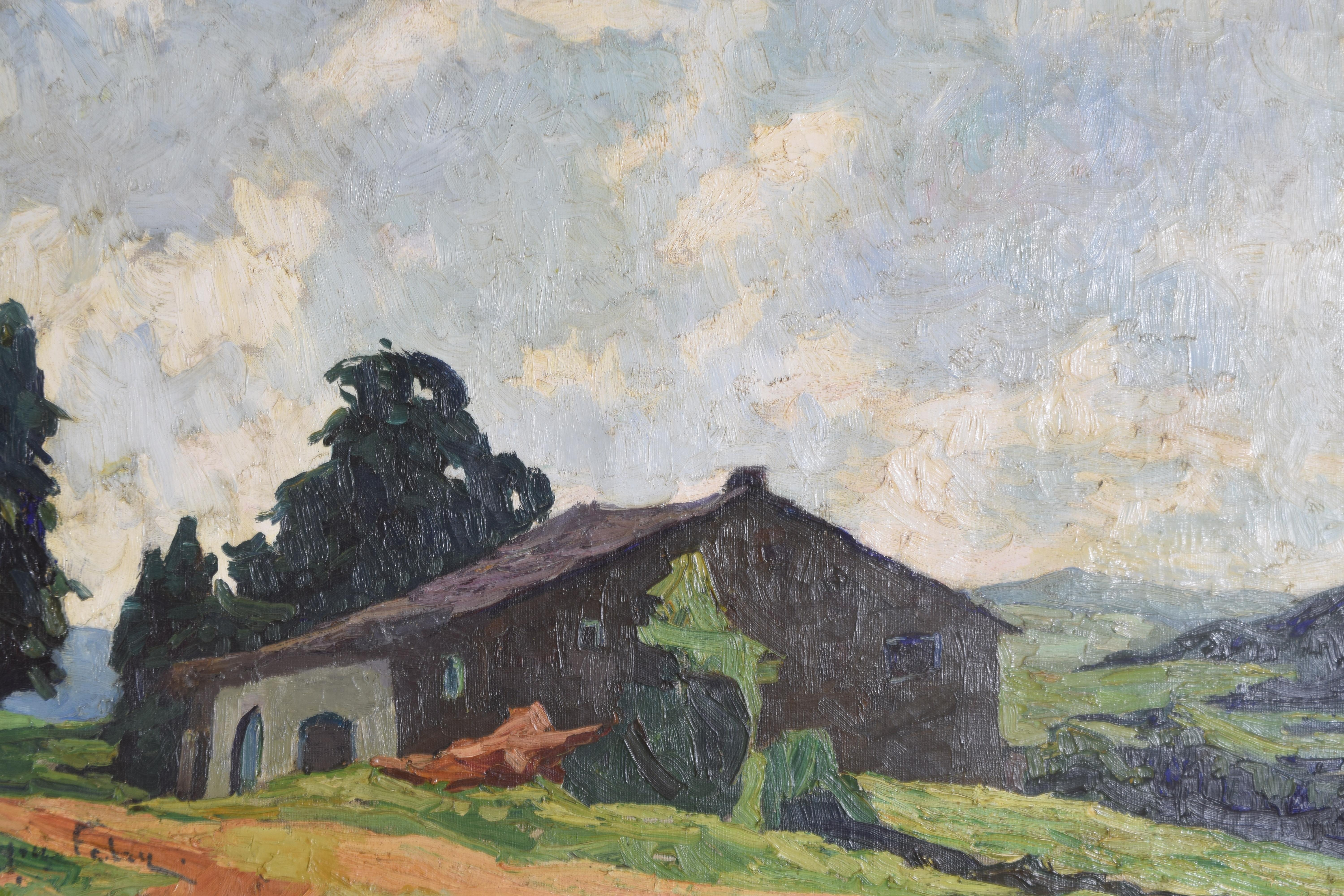 French Oil on Canvas, Alpine Farmhouse, signed, period frame, ca. 1925 For Sale 1