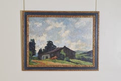 French Oil on Canvas, Alpine Farmhouse, signed, period frame, ca. 1925