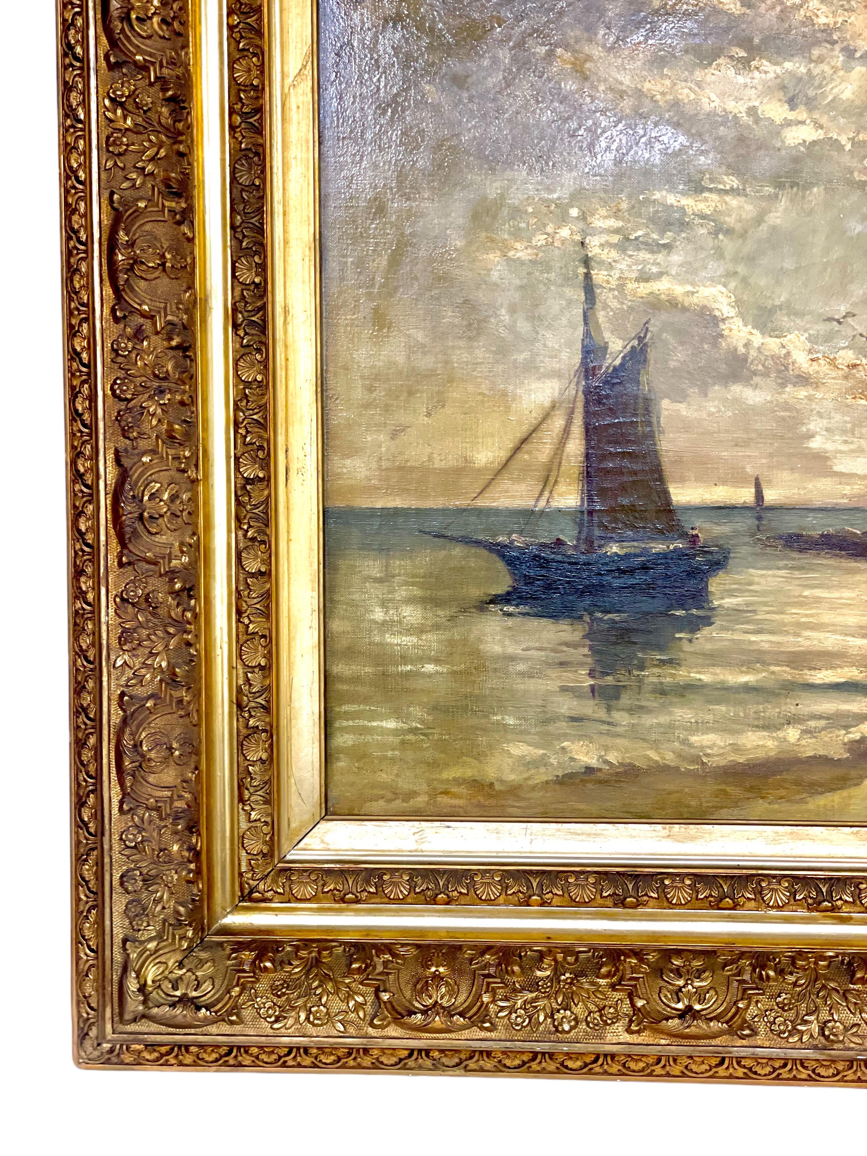 Französisches Öl auf Leinwand von Charles de Saint Geran (1884- 1963). Um 1930 gemalt, fängt dieses großartige Kunstwerk einen seltenen Moment der Stille und Ruhe auf dem Wasser ein, als zwei kleine Ruderboote ihre Meeresfrüchte an das felsige Ufer