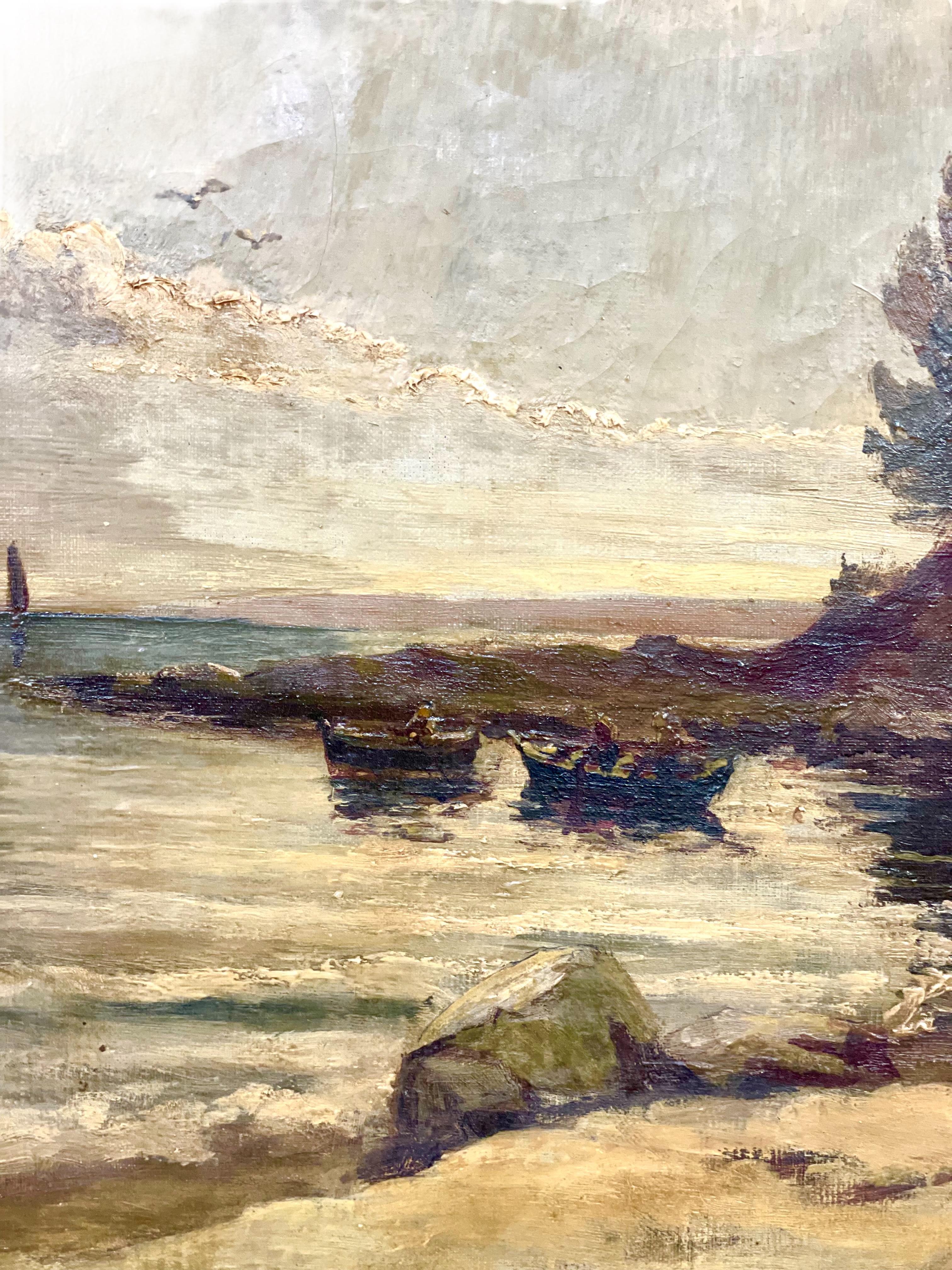 Wide French Painting “Fishing Scenery along the Coast” by Charles De Saint Geran In Good Condition For Sale In LA CIOTAT, FR