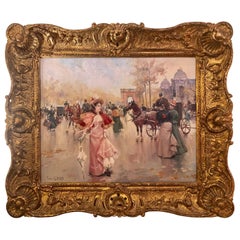 Huile sur toile française de Karine Girard « French 1965 » ou une scène de rue parisienne