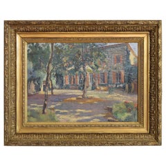 French Oil on Canvas, "Courtyard of a Chateau", Signed Lower Right