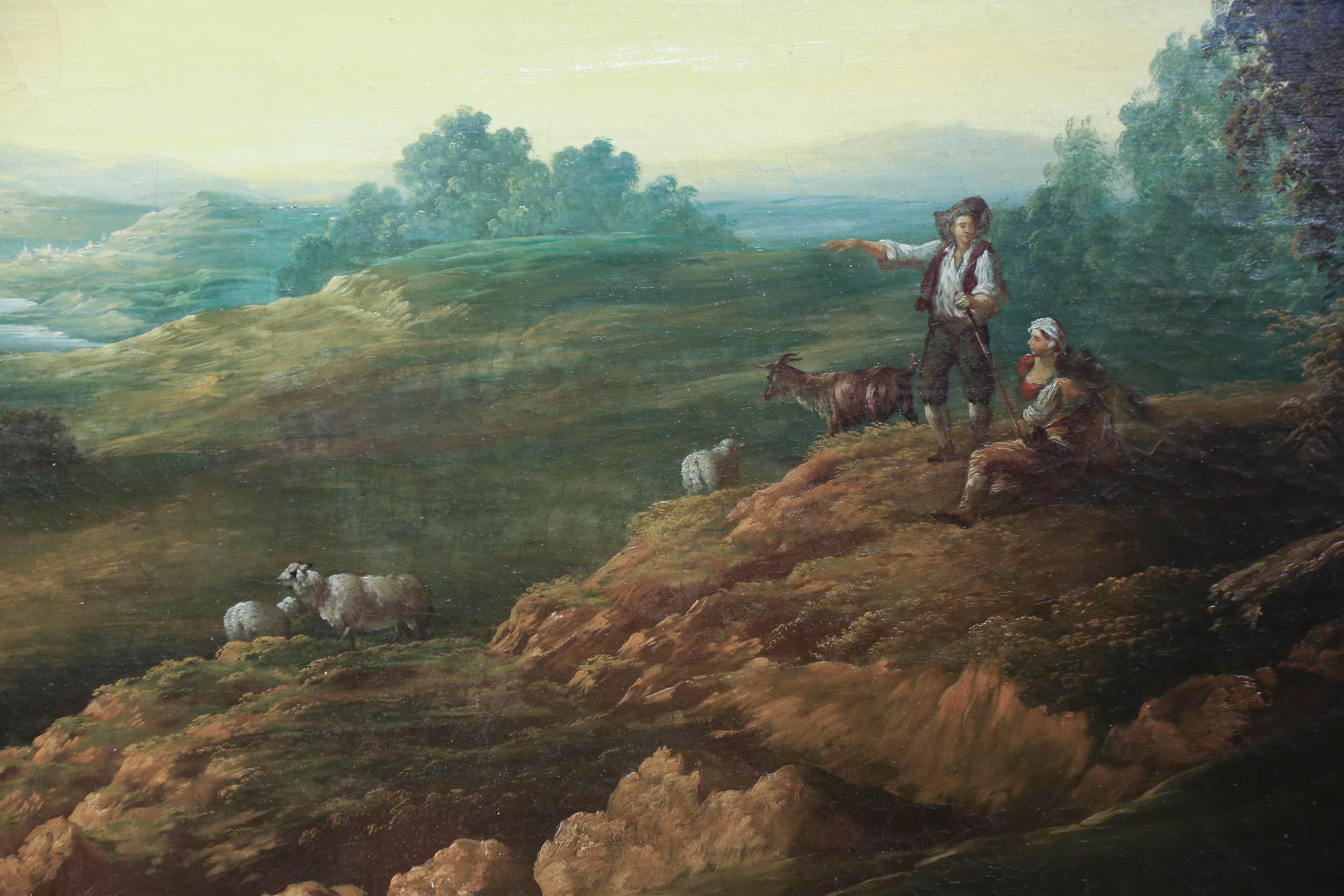 French Oil on Canvas Depicting Shepherds in Pastoral Landscape In Excellent Condition In Houston, TX