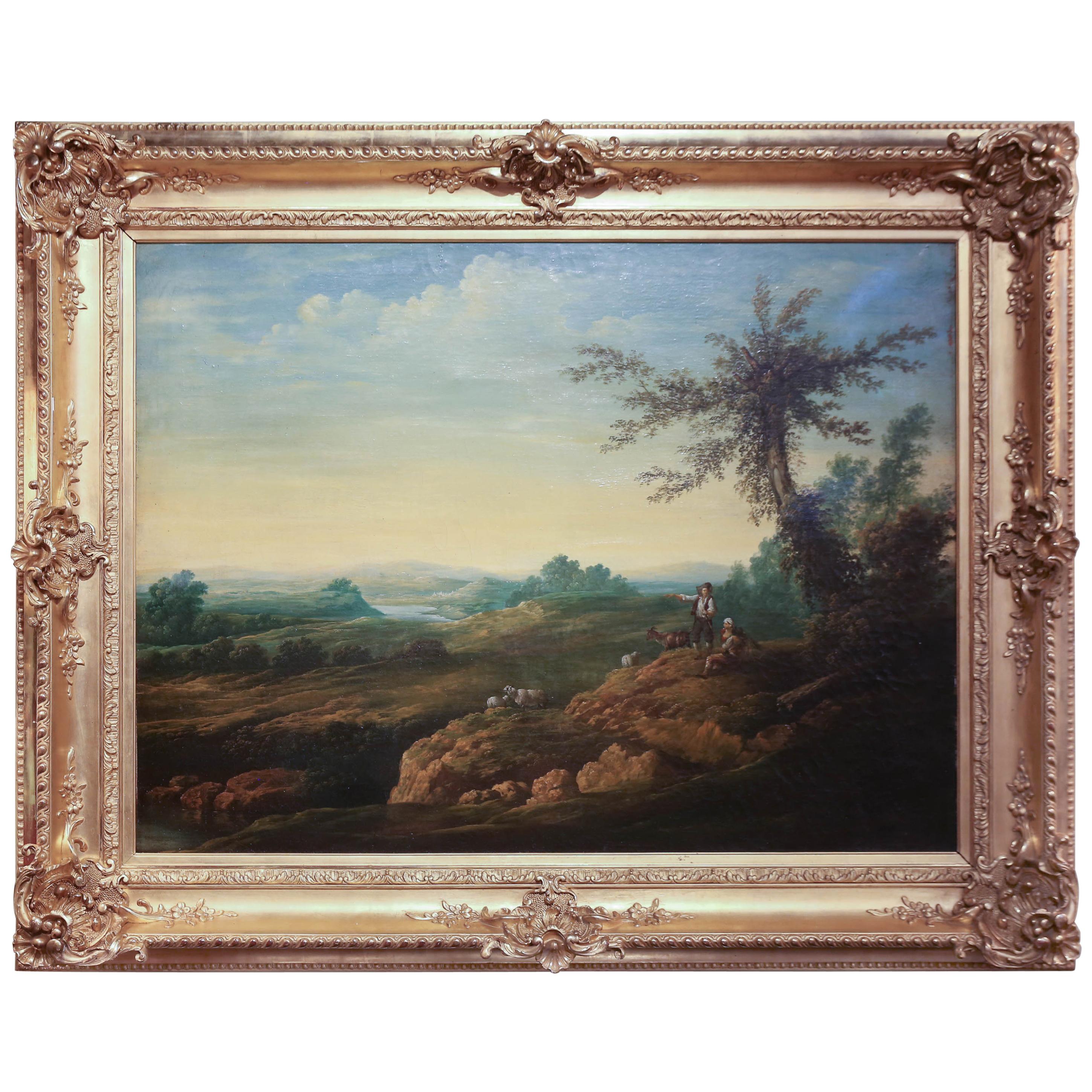 French Oil on Canvas Depicting Shepherds in Pastoral Landscape