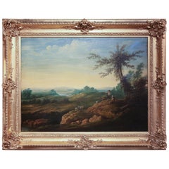 French Oil on Canvas Depicting Shepherds in Pastoral Landscape