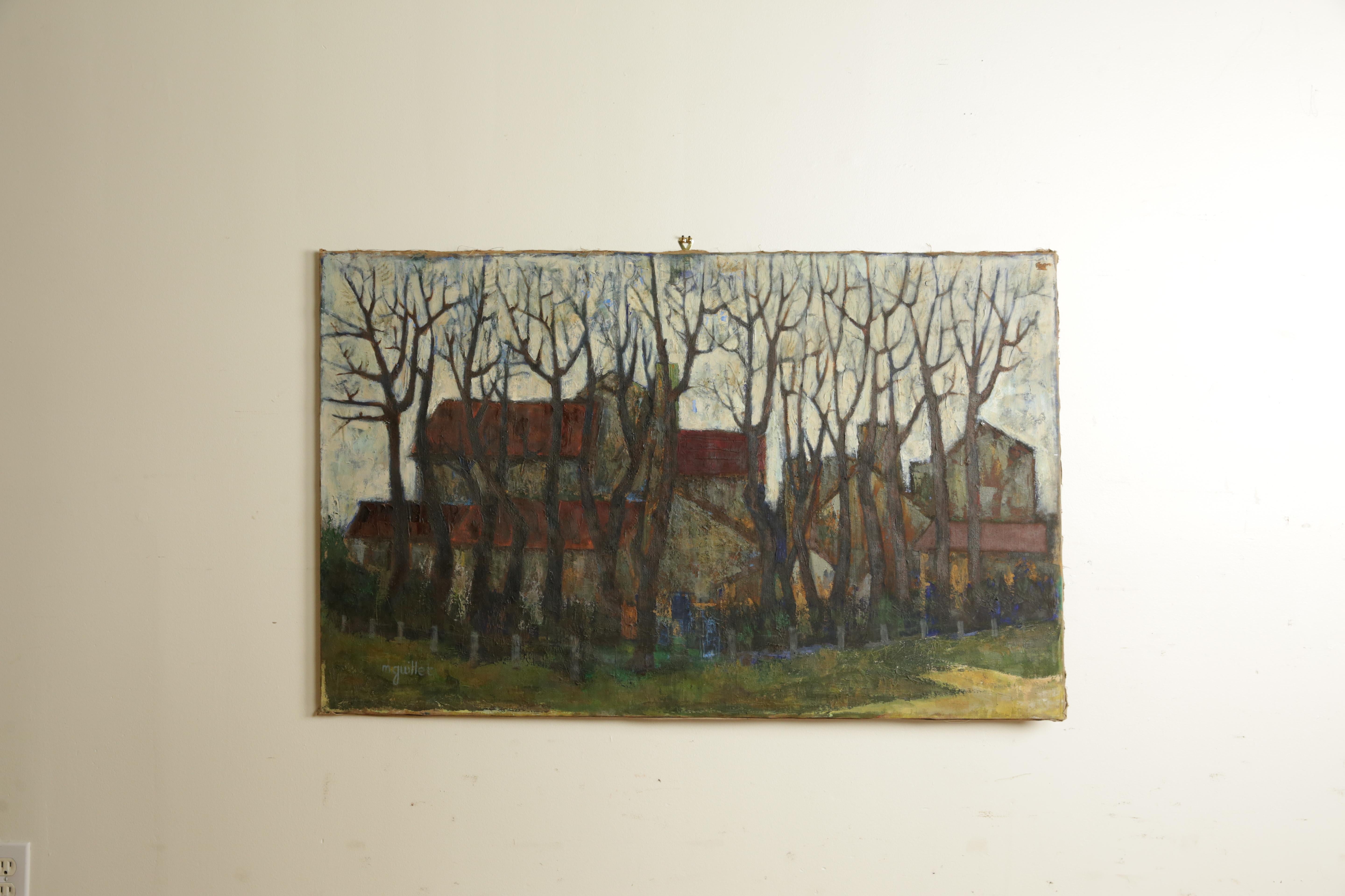 Bauernhaus und Nebengebäude durch die Winterbäume gesehen, links unten signiert M. Guillet