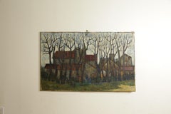 French Oil on Canvas, Farm Buildings Through Winter Trees, signed Michel Guillet