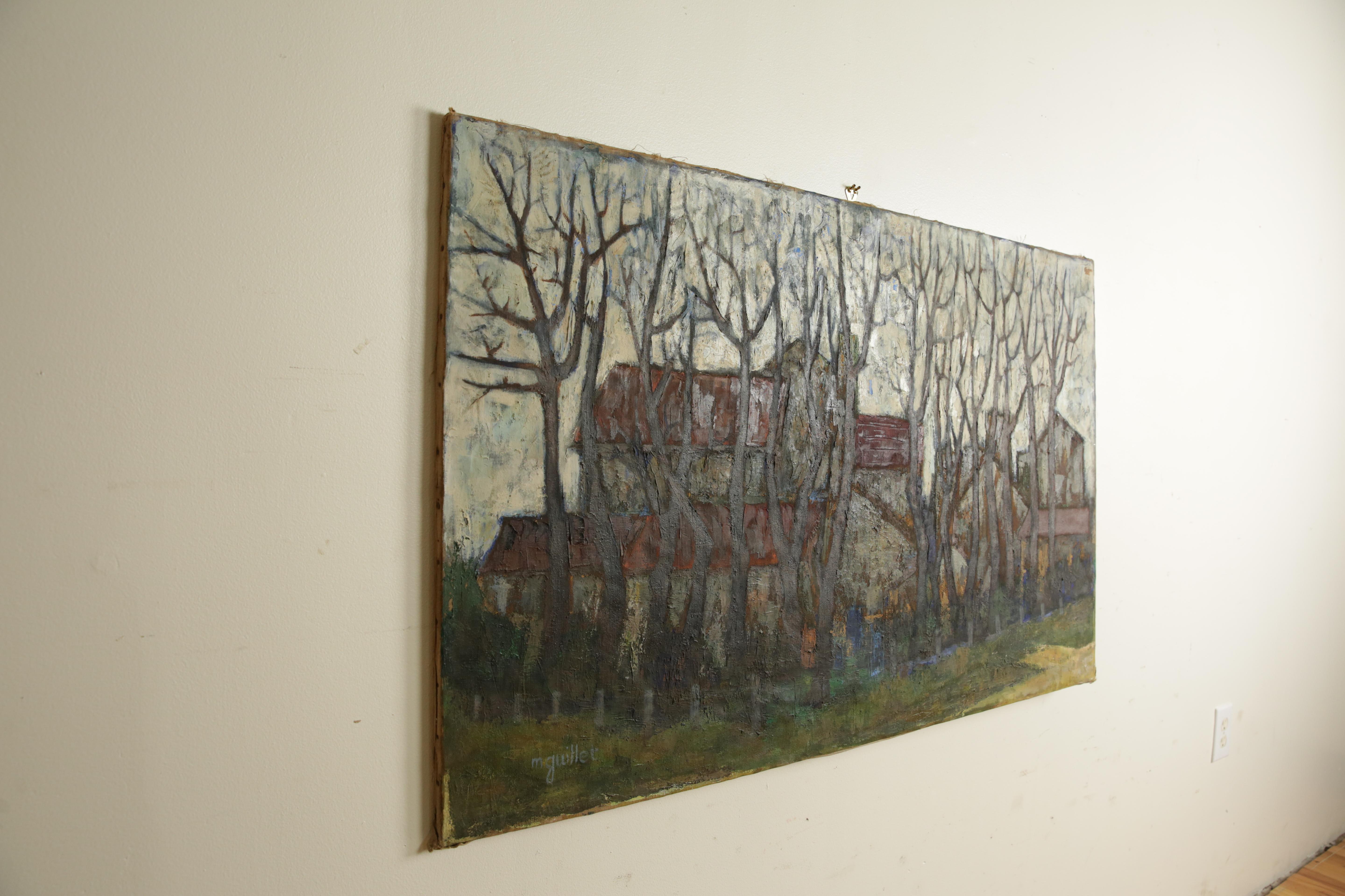 Französisches Ölgemälde auf Leinwand, Farm Buildings Through Winter Trees, signiert Michel Guillet im Zustand „Gut“ im Angebot in Atlanta, GA