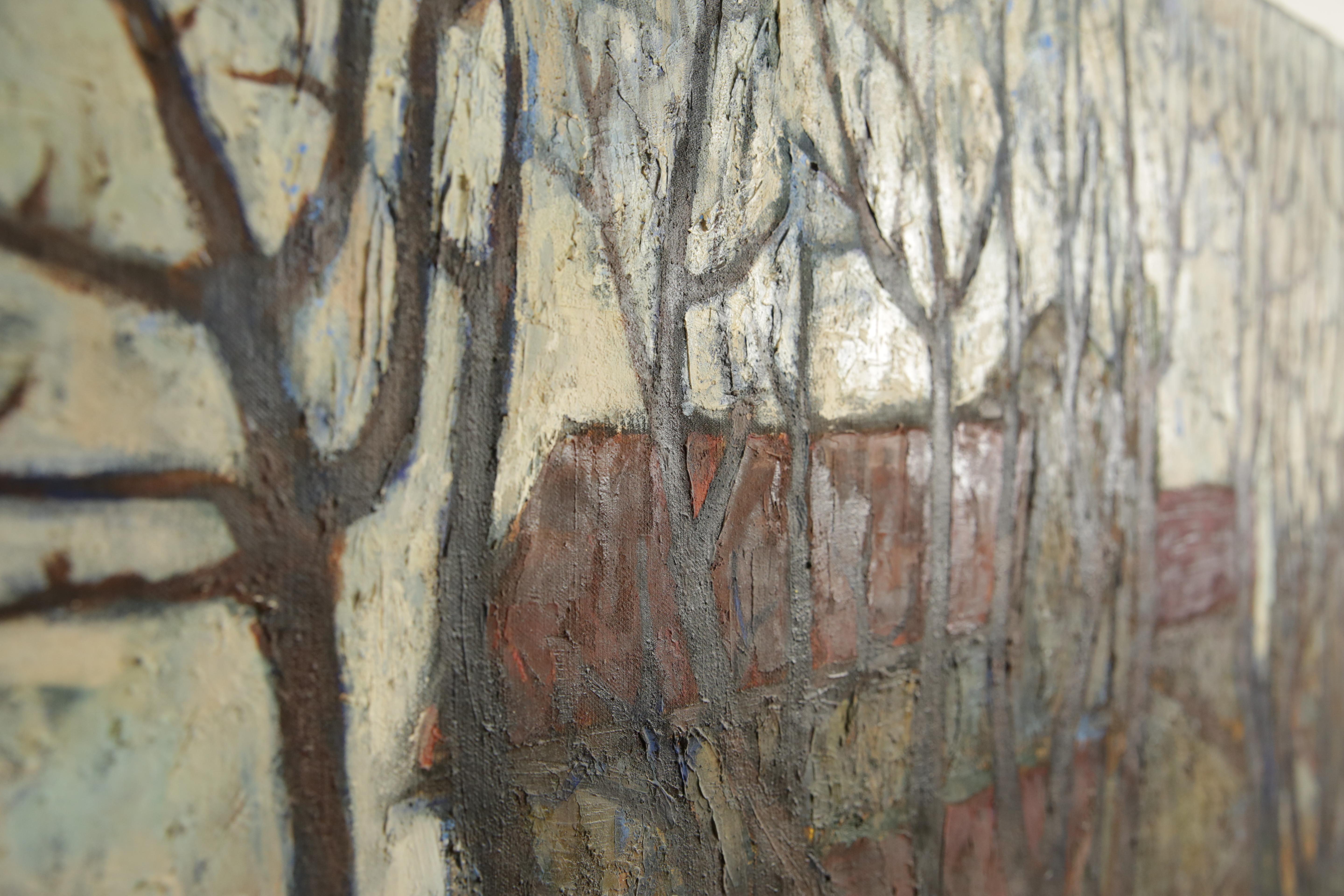 Französisches Ölgemälde auf Leinwand, Farm Buildings Through Winter Trees, signiert Michel Guillet (20. Jahrhundert) im Angebot