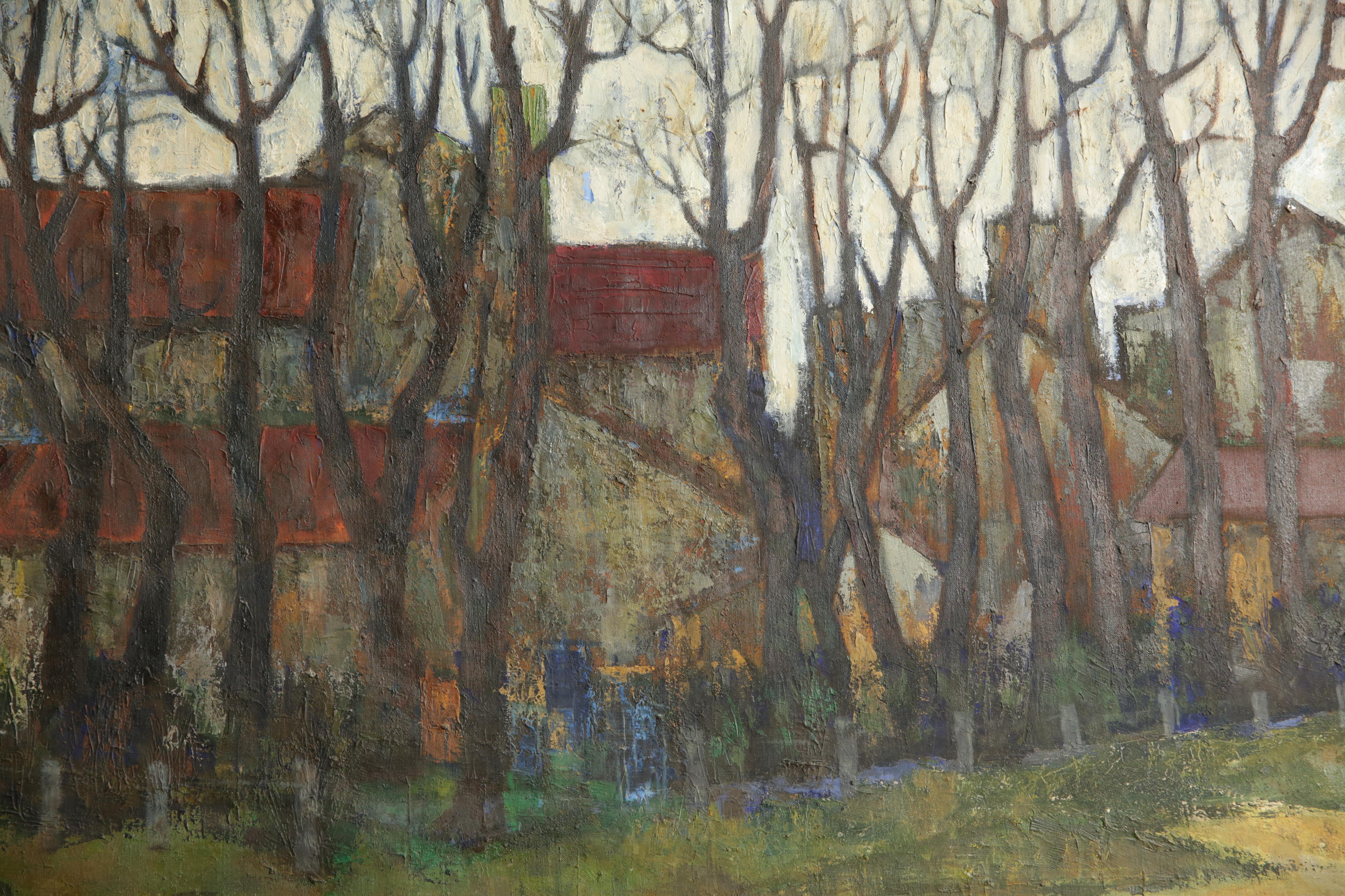 Französisches Ölgemälde auf Leinwand, Farm Buildings Through Winter Trees, signiert Michel Guillet im Angebot 3