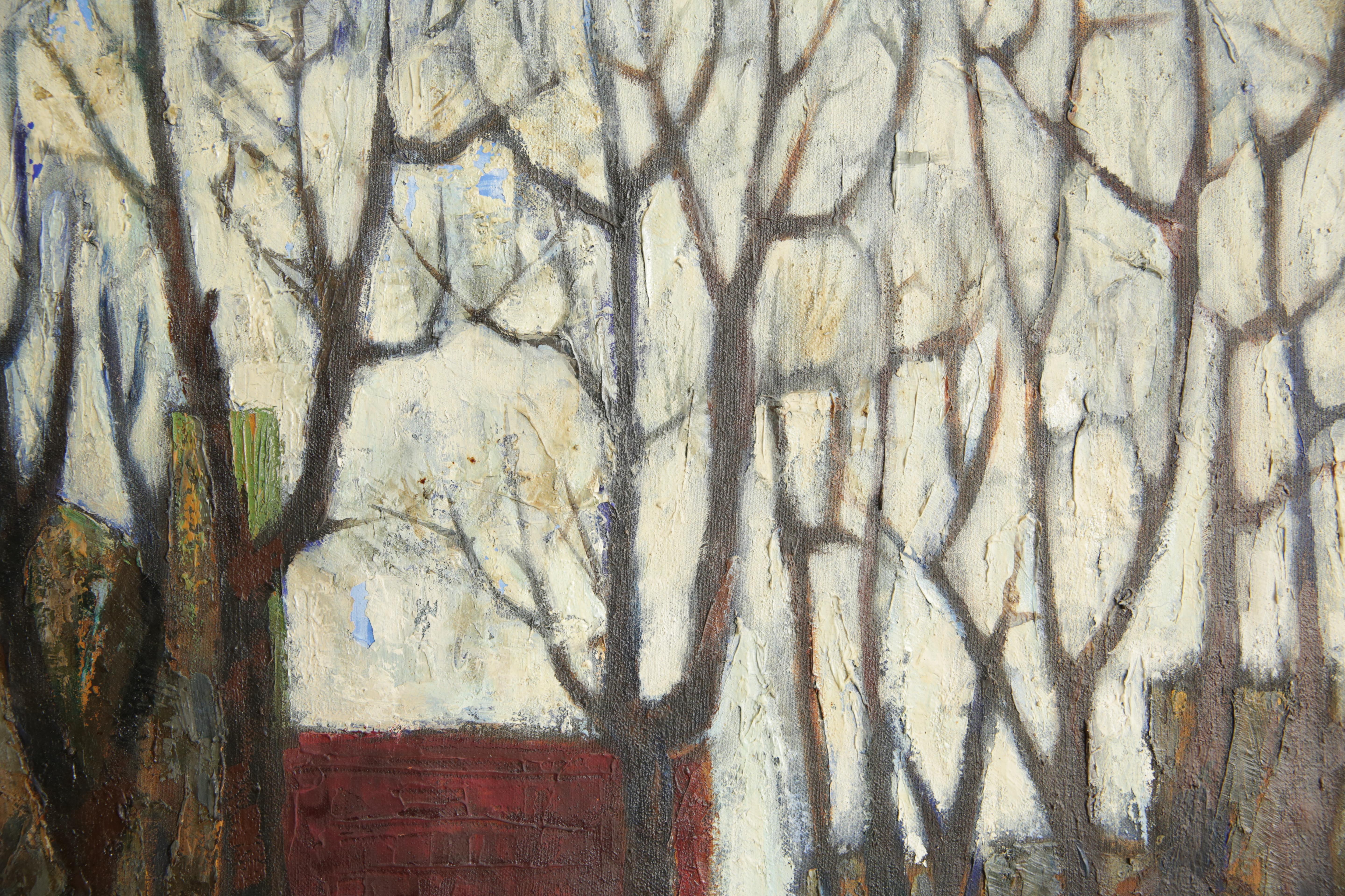Französisches Ölgemälde auf Leinwand, Farm Buildings Through Winter Trees, signiert Michel Guillet im Angebot 4