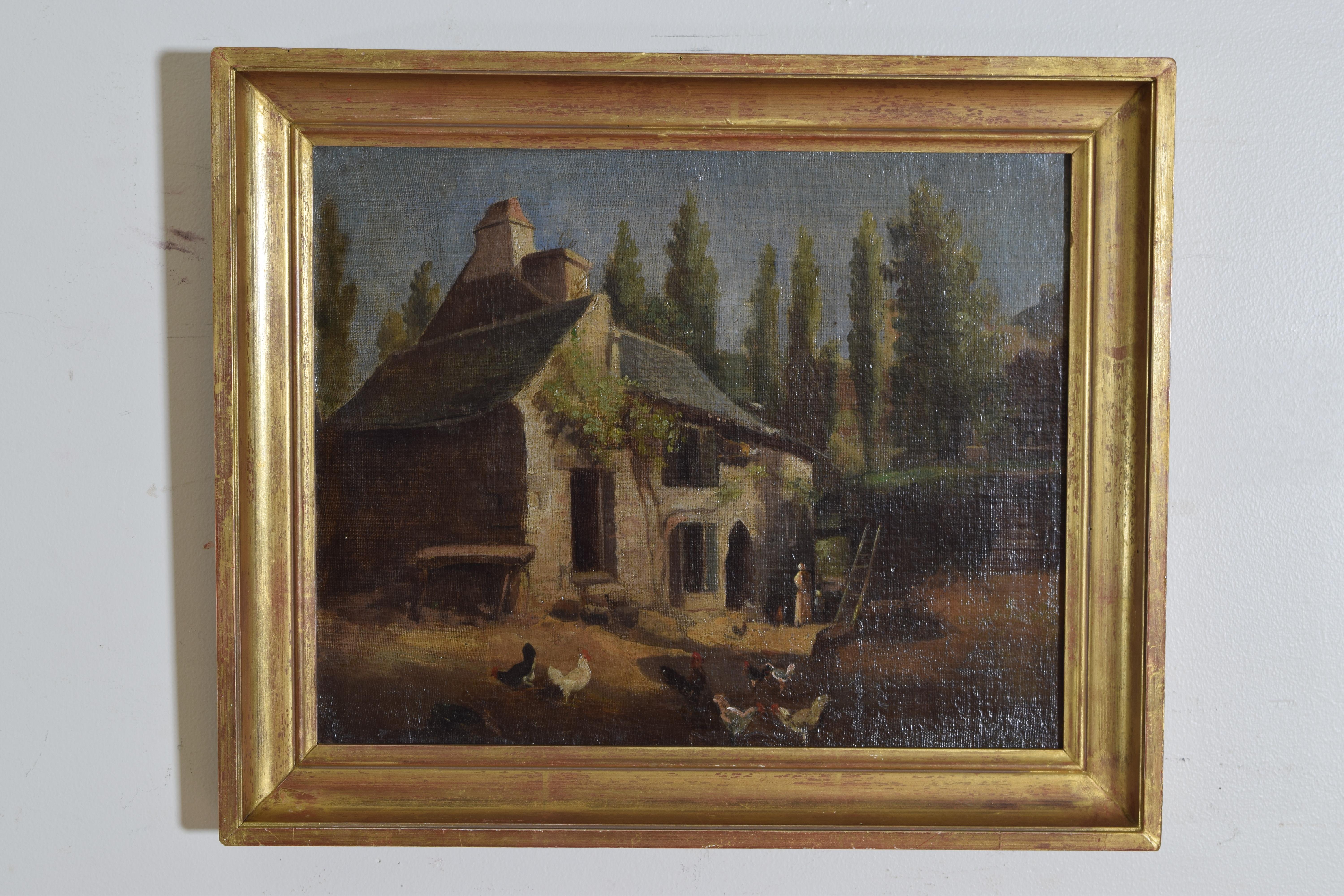 Depicting a genre scene of a French vine encased farmhouse with a mother and child, fowl in the foreground, a ladder leading to an upper yard, retaining a seemingly original giltwood concave and molded edge neoclassic frame, second quarter of the