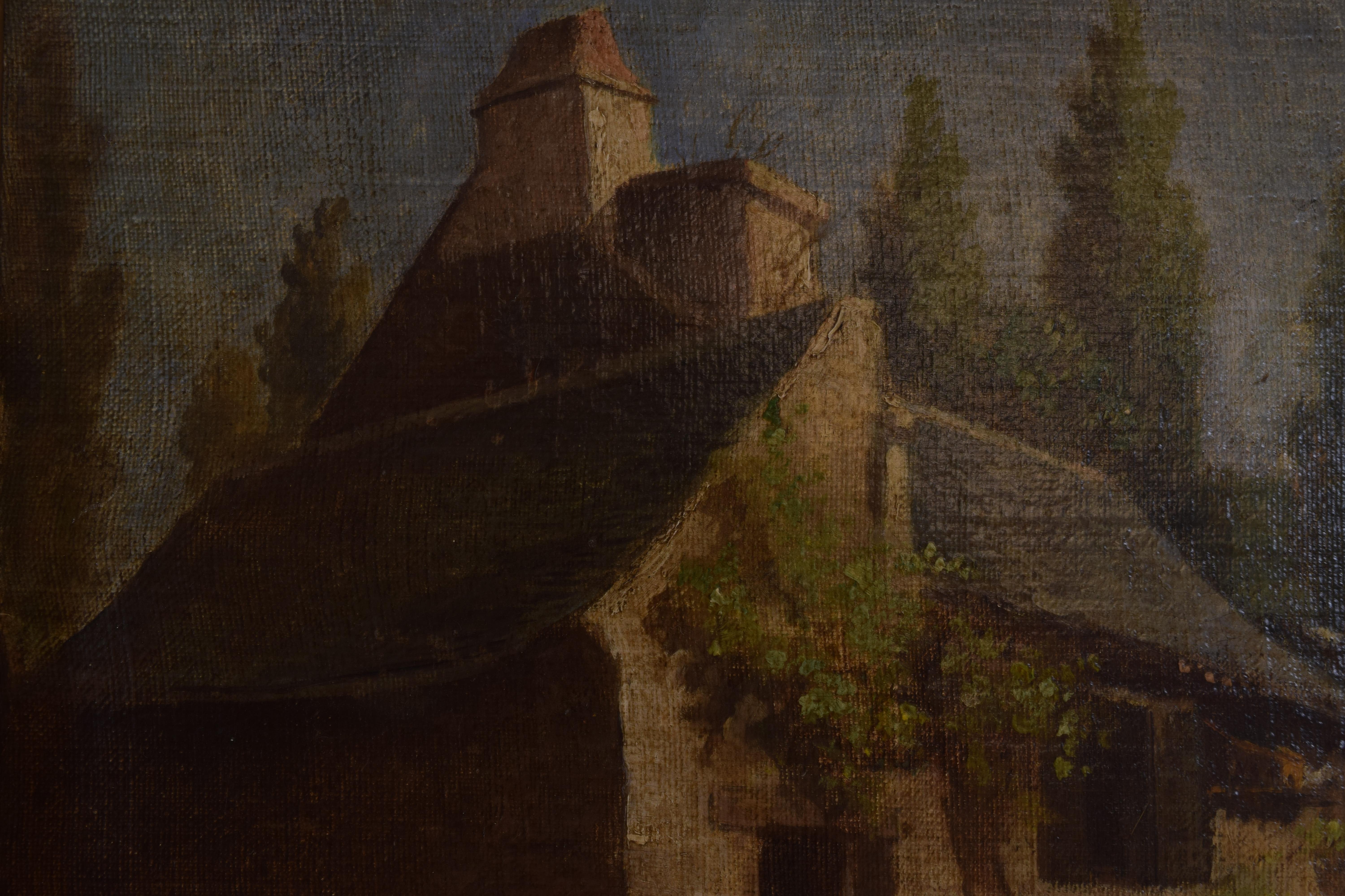 Mid-19th Century French Oil on Canvas, Farmhouse with Figures and Fowl, 19th Century