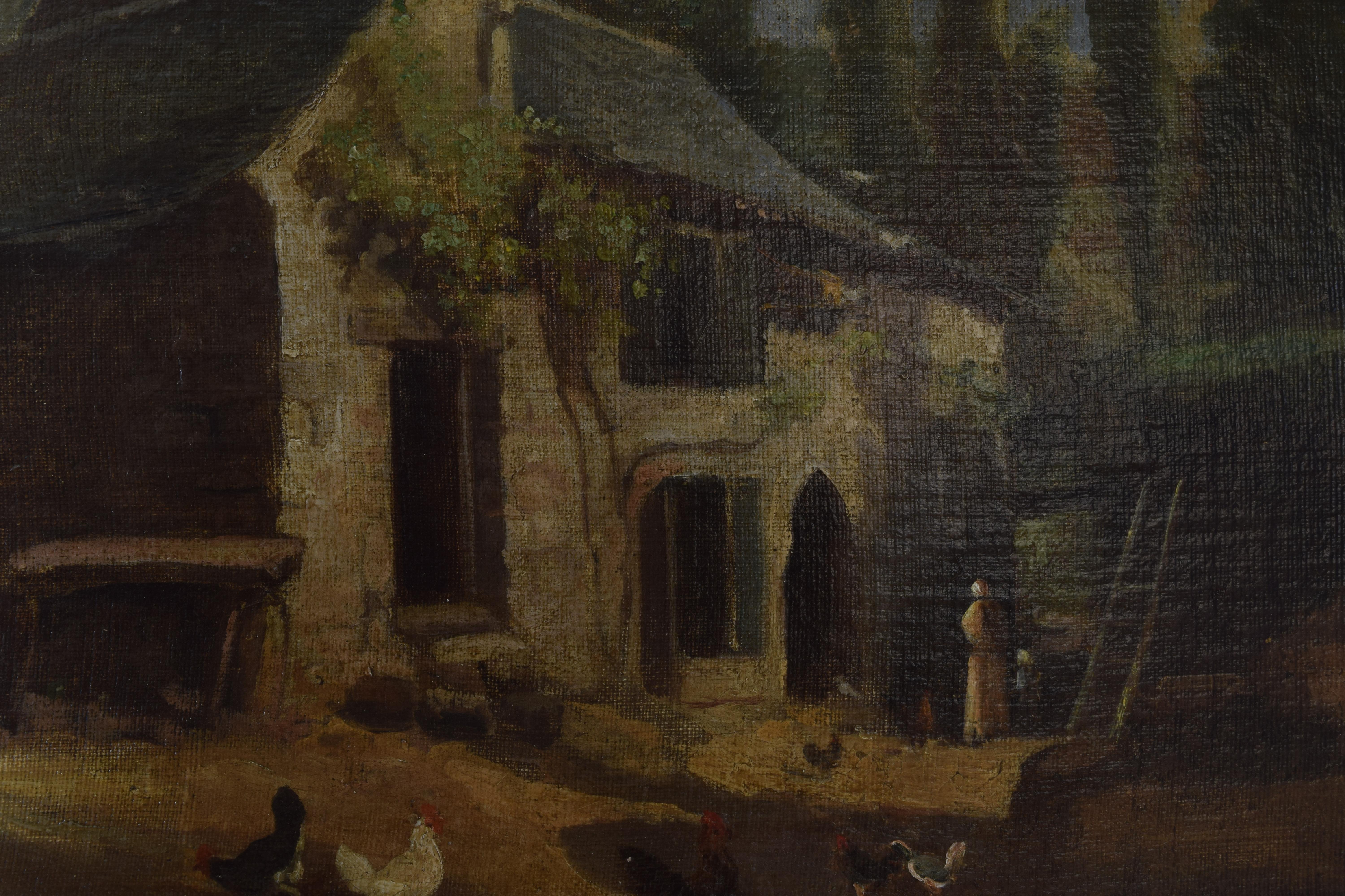 Paint French Oil on Canvas, Farmhouse with Figures and Fowl, 19th Century