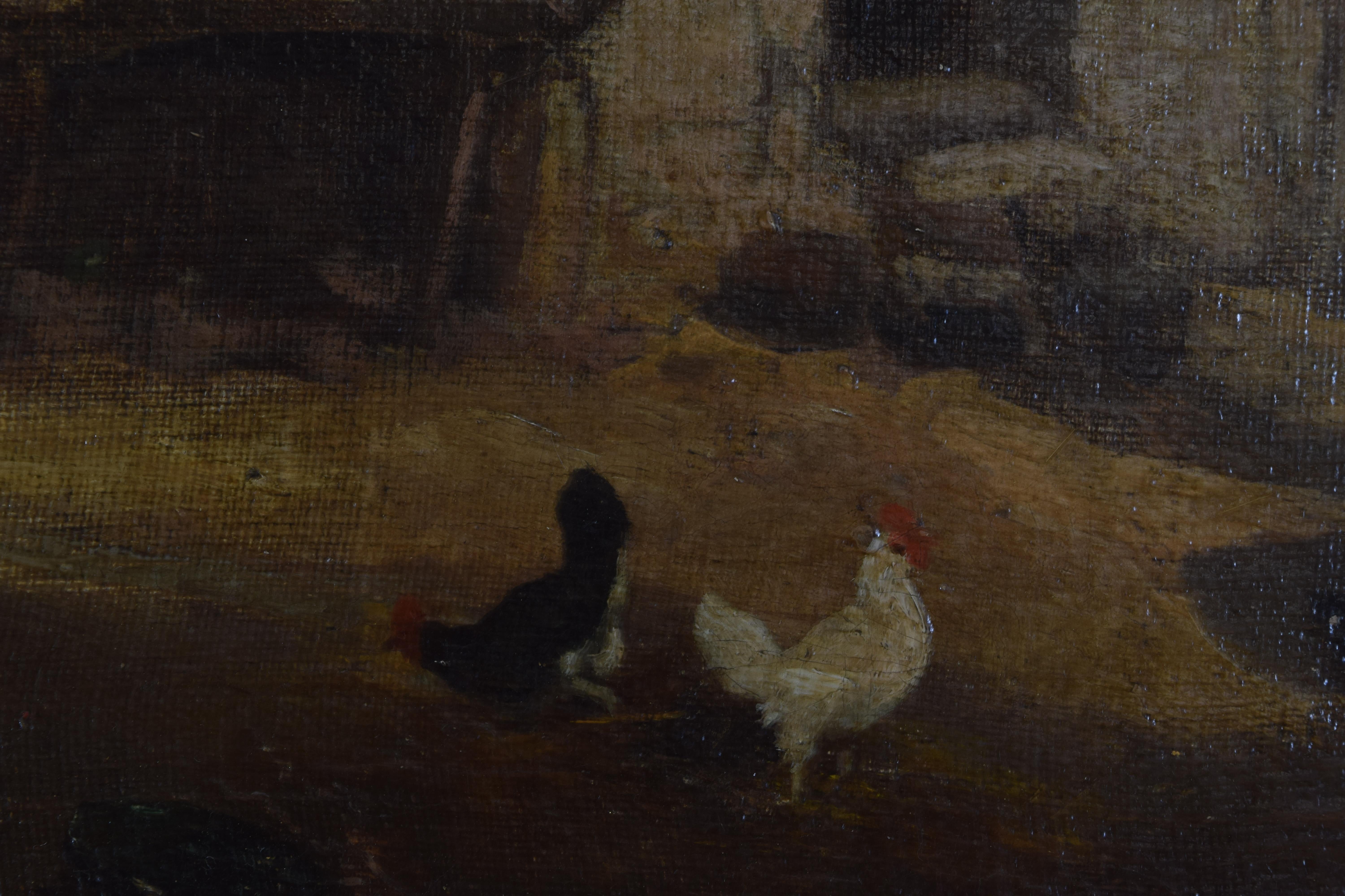 French Oil on Canvas, Farmhouse with Figures and Fowl, 19th Century 1