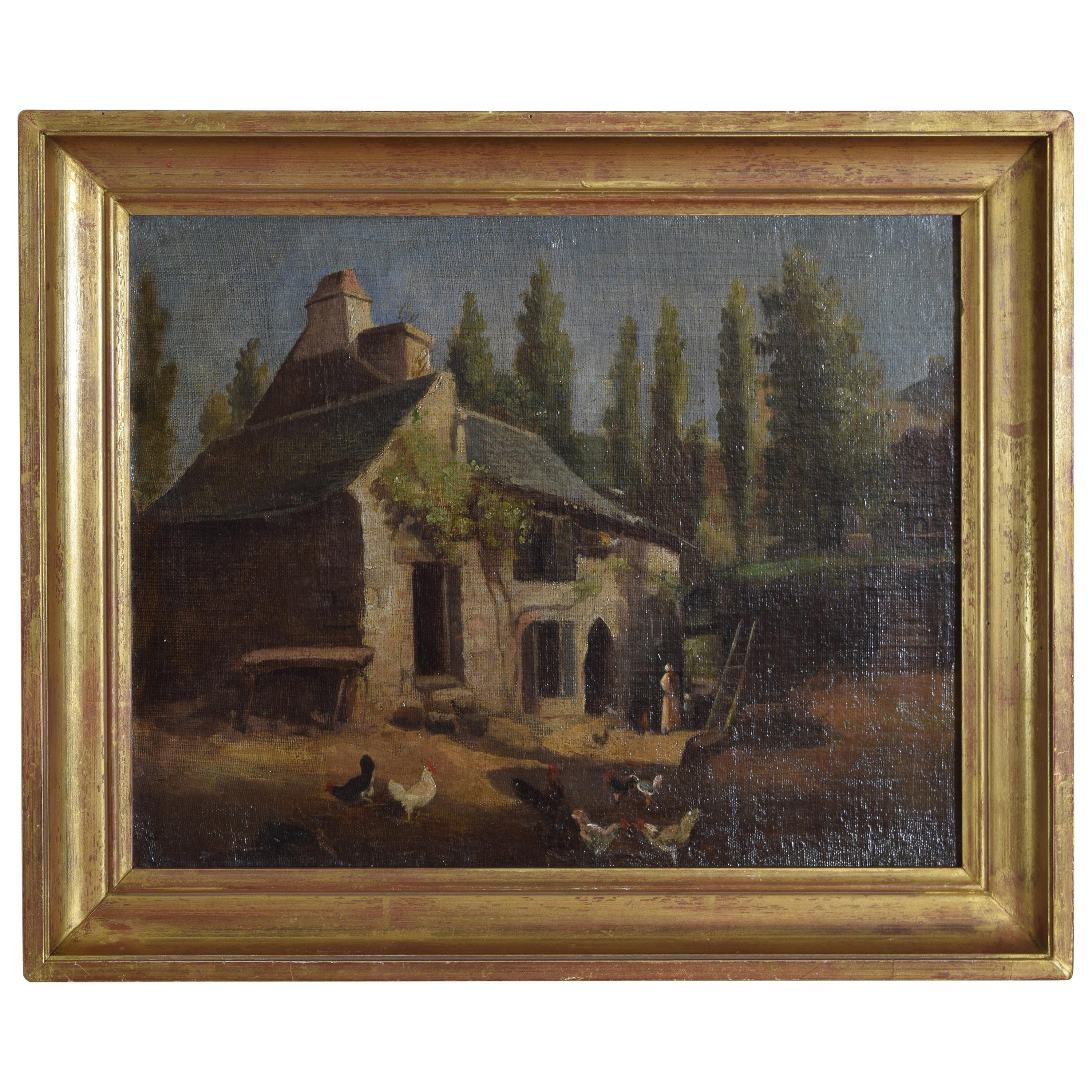 French Oil on Canvas, Farmhouse with Figures and Fowl, 19th Century