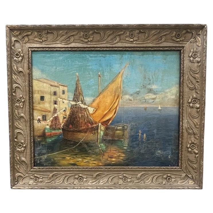 French Oil on Canvas Harbor Scene