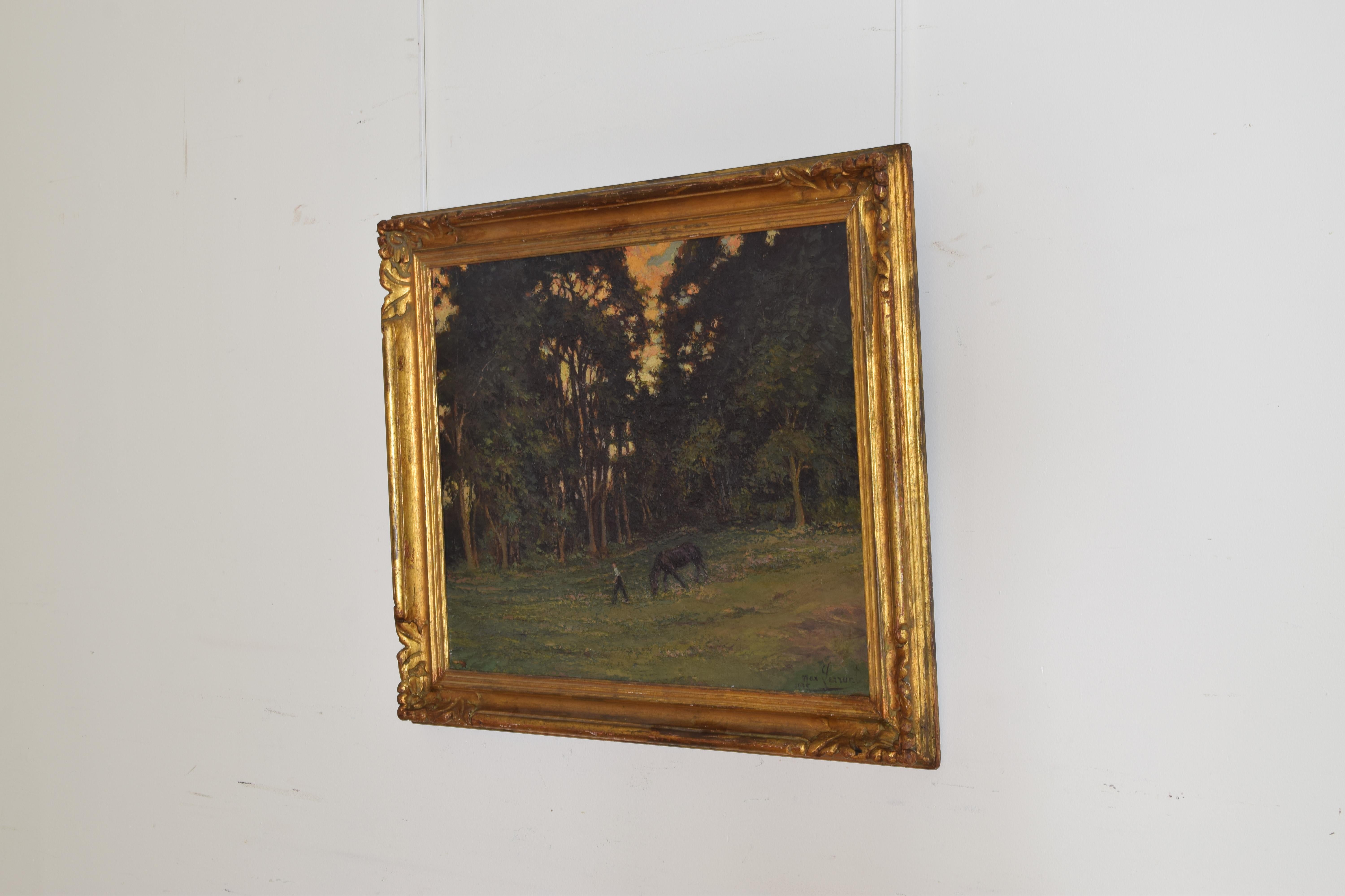 French Oil on Canvas Horse Being Led through Field Signed Lower Right circa 1920 In Good Condition In Atlanta, GA