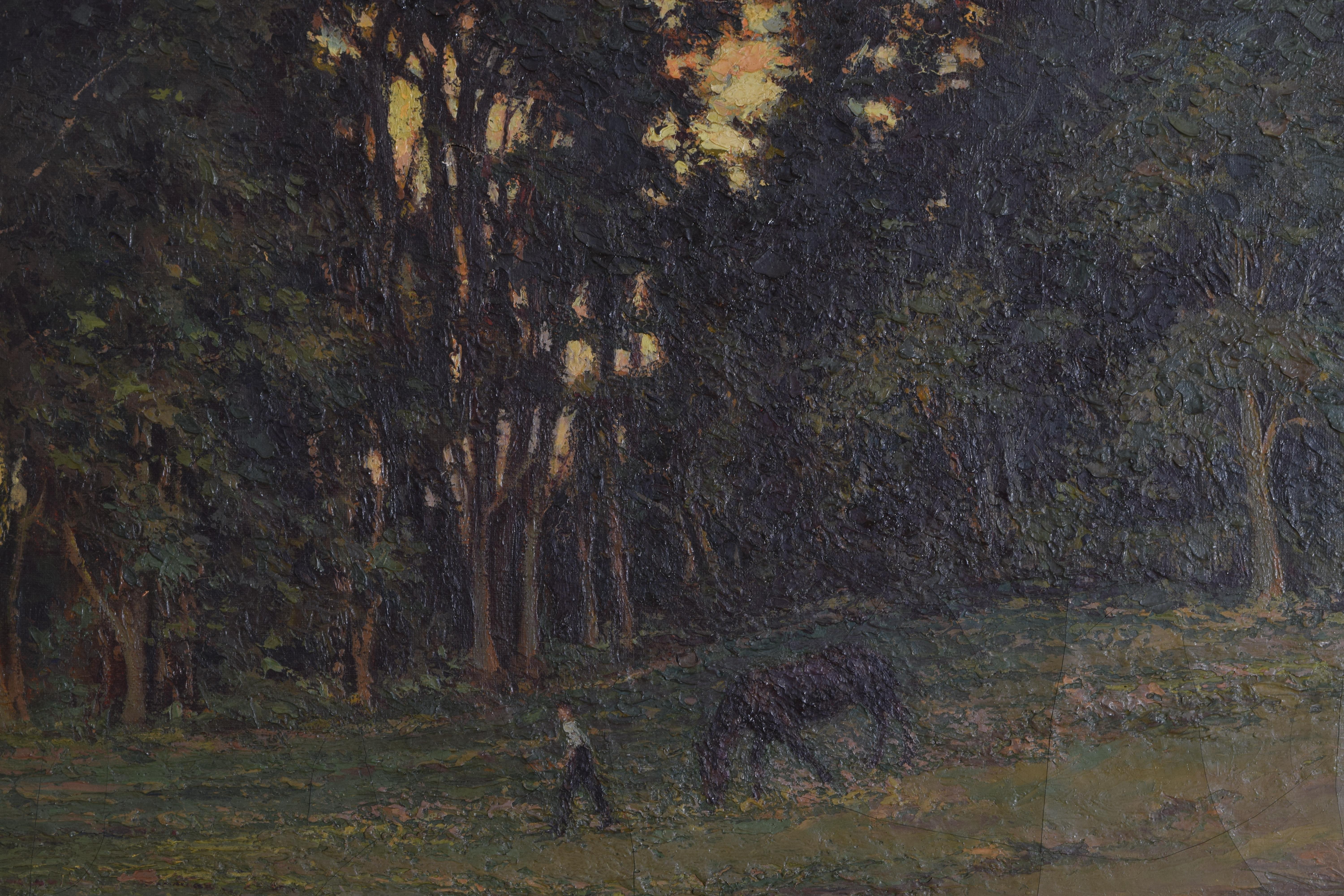French Oil on Canvas Horse Being Led through Field Signed Lower Right circa 1920 1