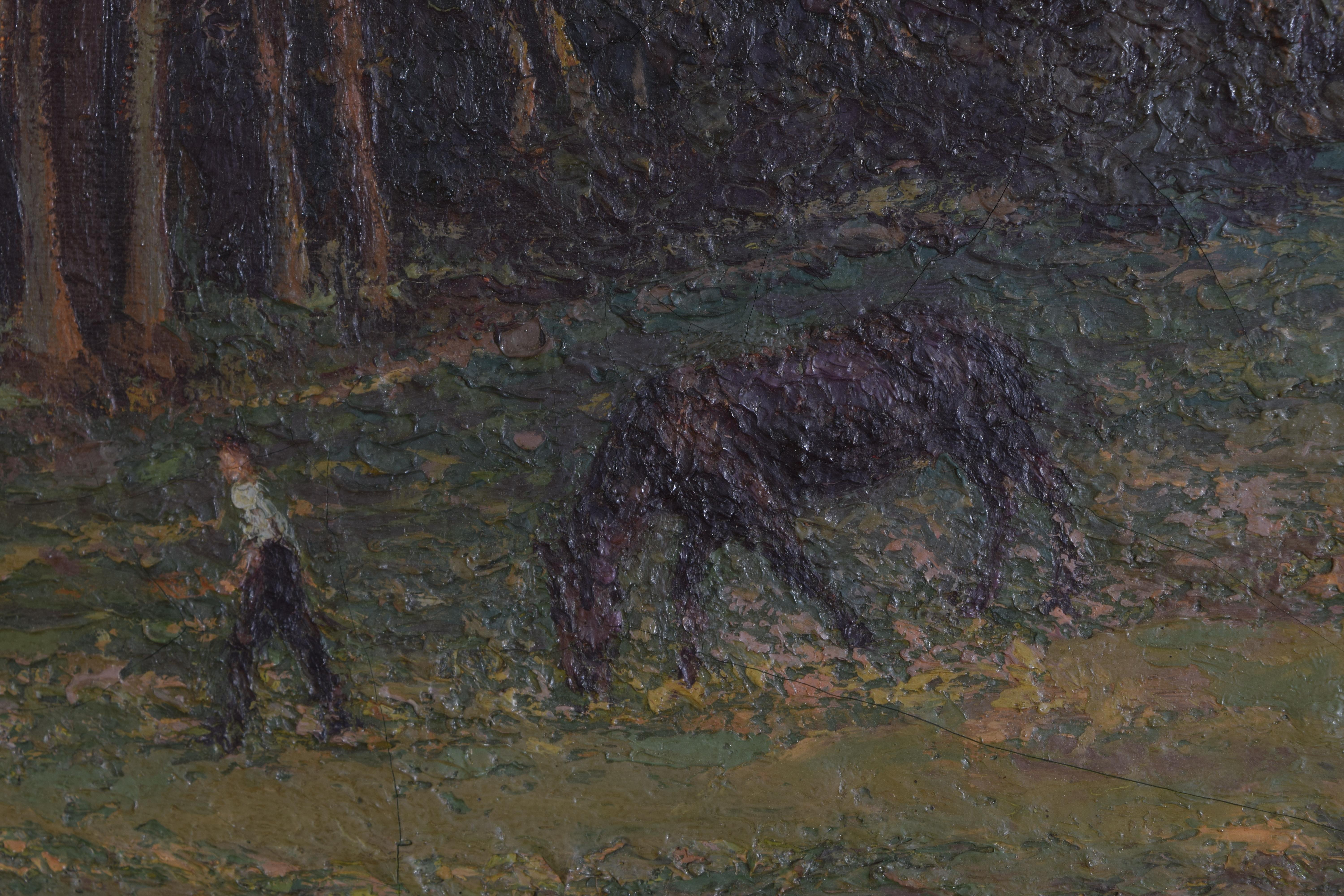 French Oil on Canvas Horse Being Led through Field Signed Lower Right circa 1920 2
